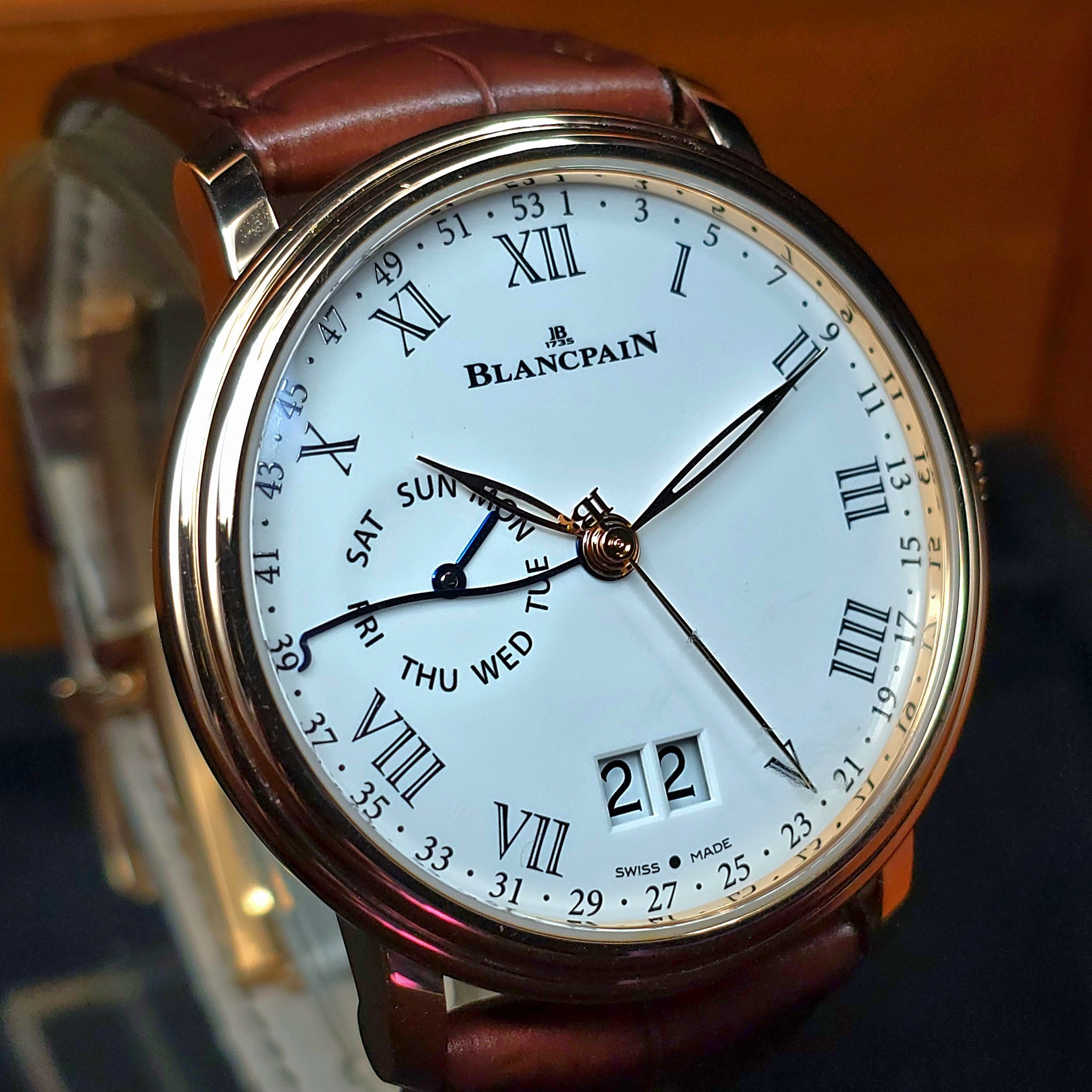 May be an image of wrist watch and text that says '3 51 XII 53 5 IL 47 XL 49 $5 BLANCPAIN 照 X SUN SAT 7 II 9 11 4 III 13 is SI 12 2 ILILI ح O א6 THU WED 37 VIIL •31 33 VIIL MADE…