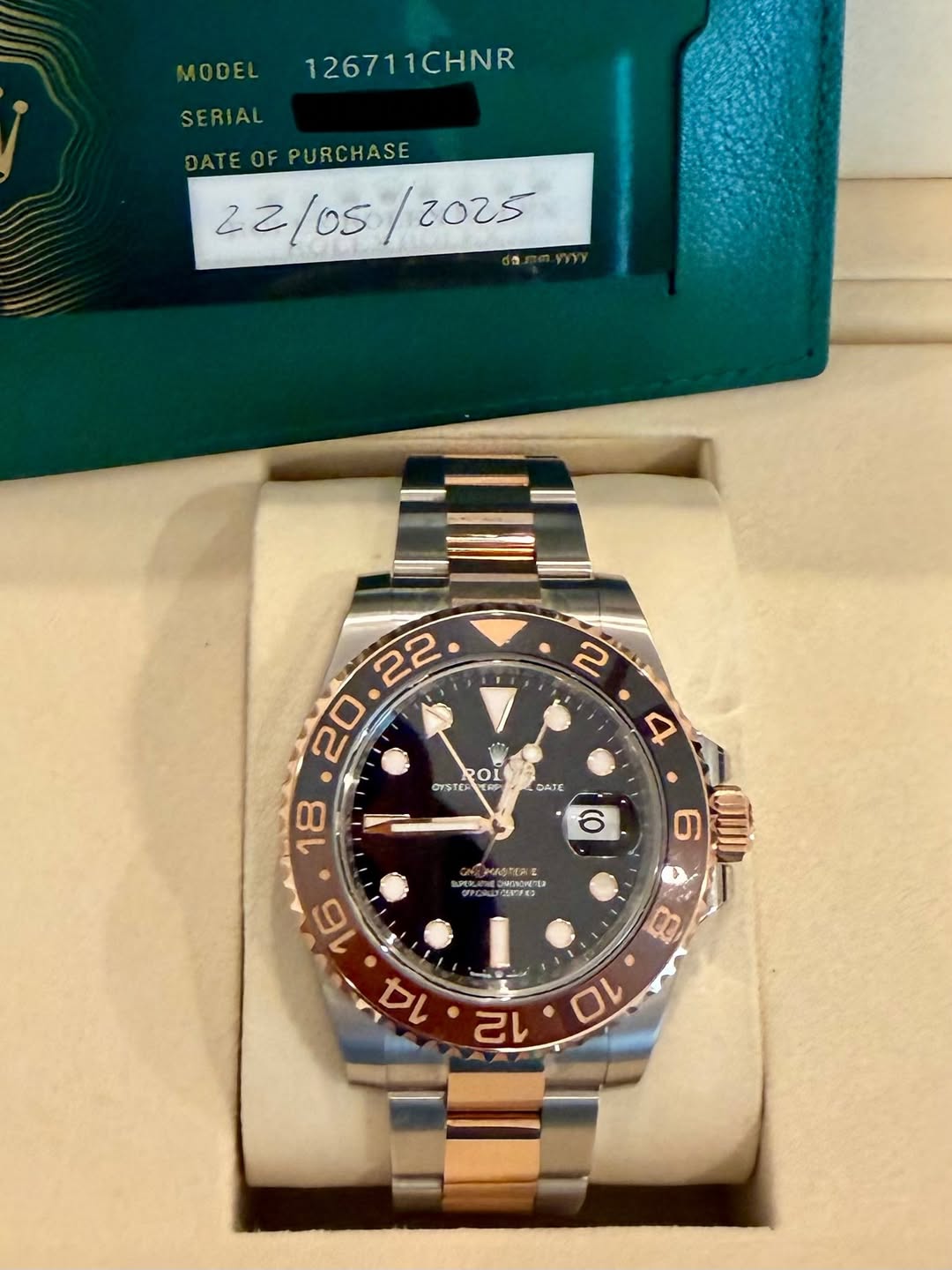 May be an image of wrist watch and text that says 'MODEL 126711CHNR SERIAL DATE DATEOFPURCHASE OF PURCHASE 22/05/2025 22/05 / orste WC 4 DATE 18 - 6 MASTEA A EFN3 SN '
