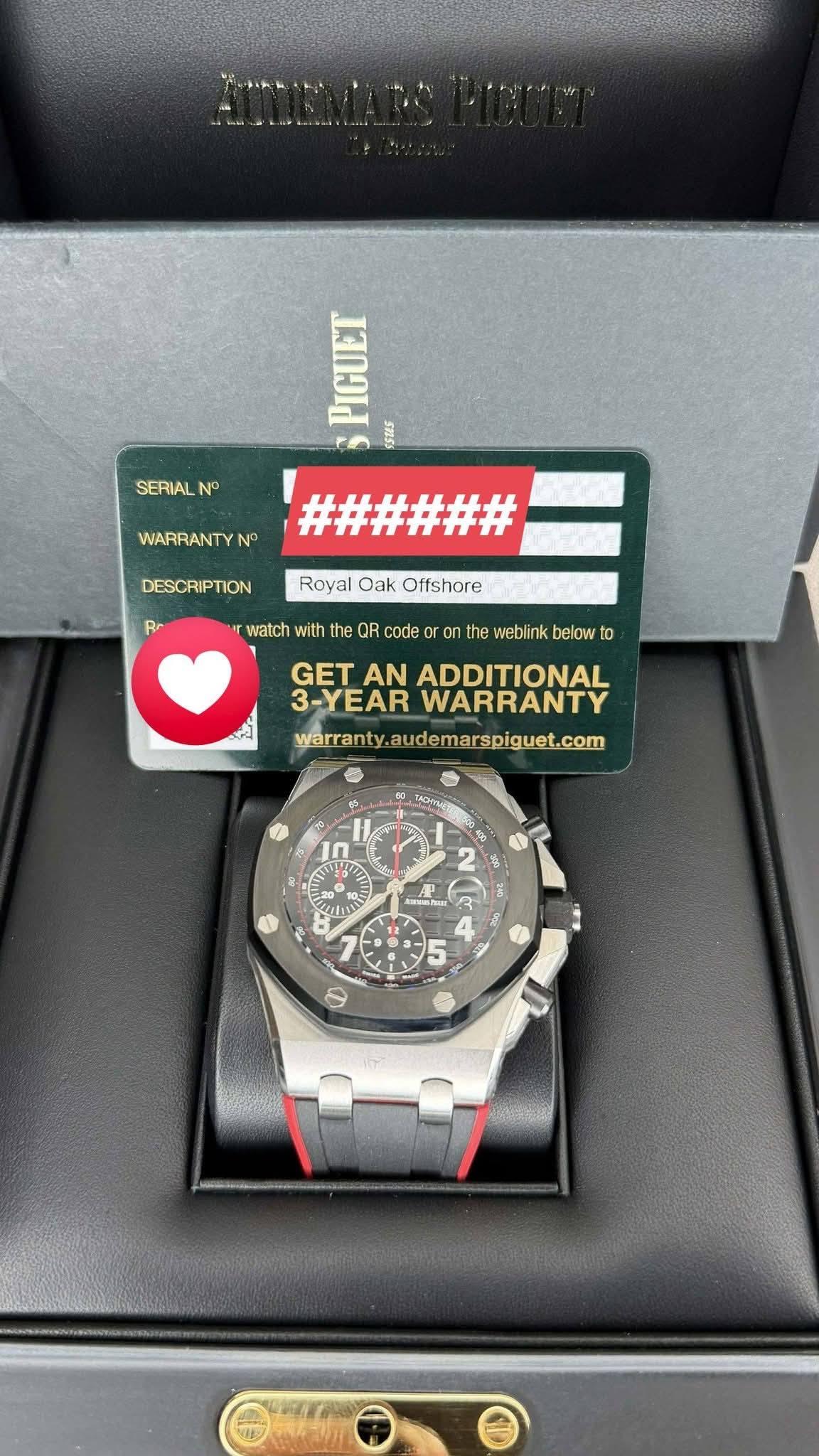 May be an image of digital watch and text that says '自.せ PIGUET SSuS SERIAL WARRANTYN No DESCRIPTION ###### Royal RoyalOakOffshore Oak Offshore watch with the rwatiwthtabR.cocomewe…