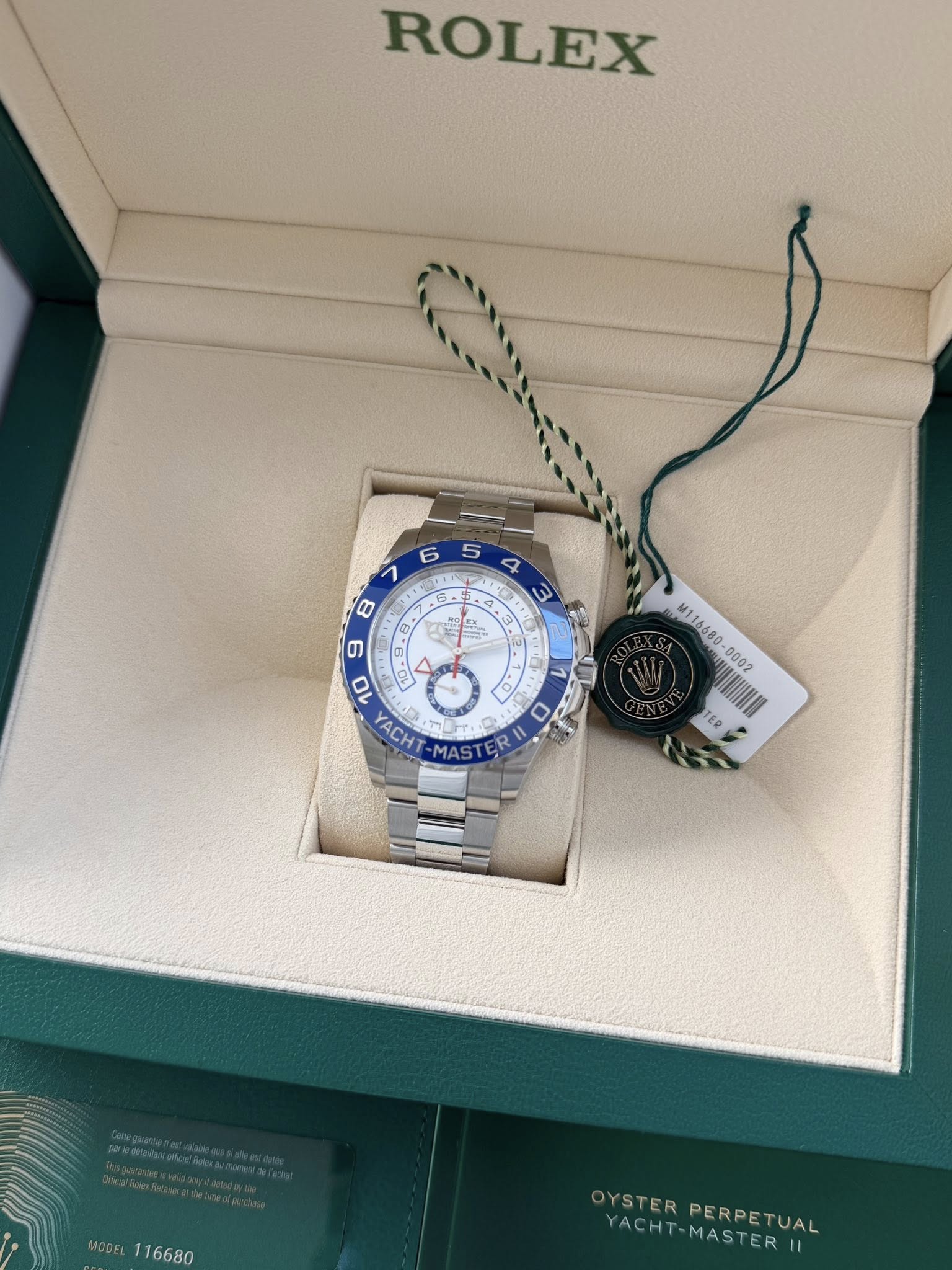 May be an image of wrist watch and text that says 'ROLEX YA S E ツ ดด้ส .0 U 0 9 10 HAA M116680 0002 AAA SAS TER MODEL 16680 OYSTER YSTERPERPETUAL YACHT MASTERII PERPETUAL…