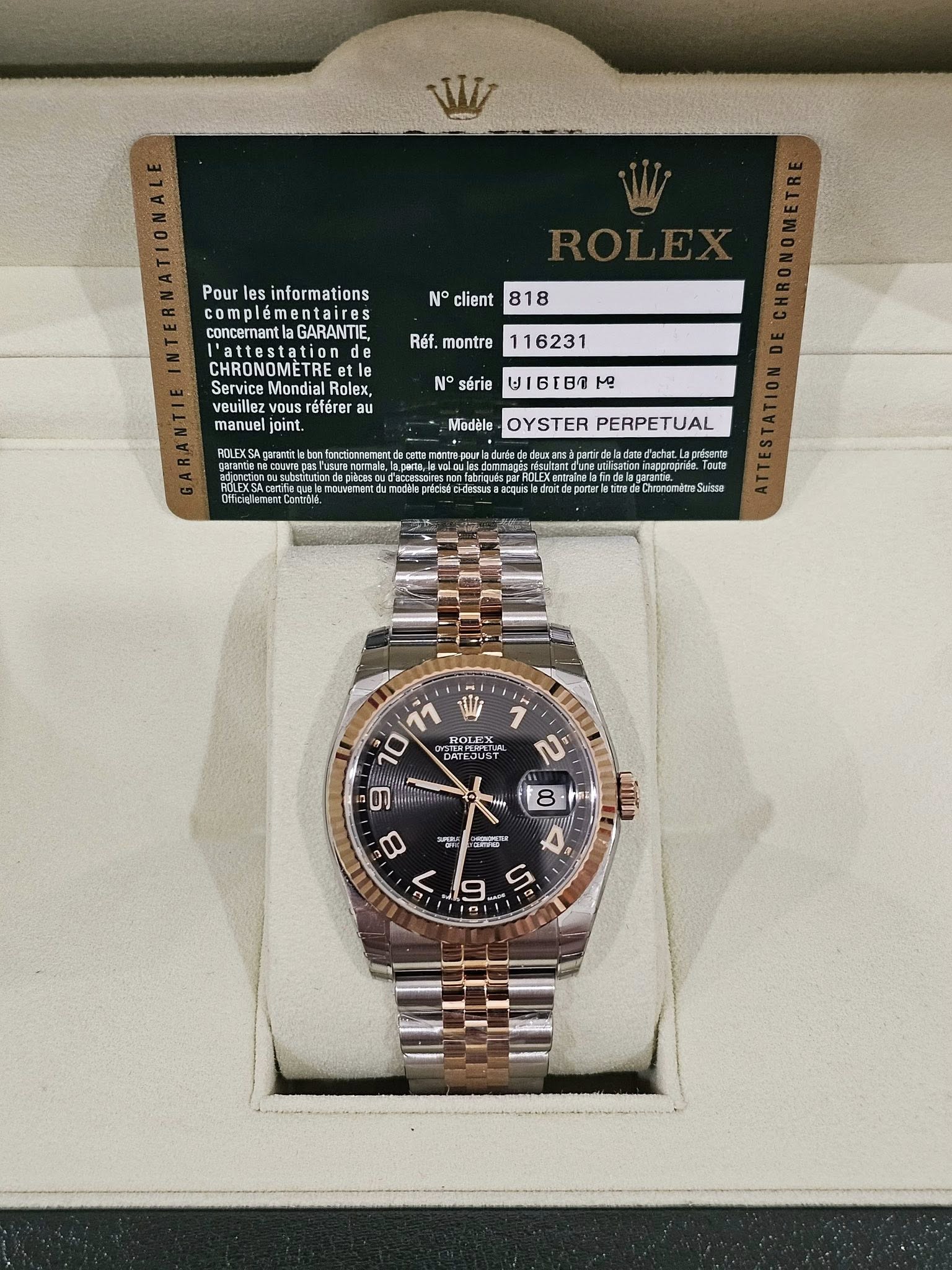 May be an image of wrist watch and text that says 'W Pour les informations compl complementaires concemant GARANTIE, N° client 818 Réf montre 116231 CHRONOMETRE Service Mondial…