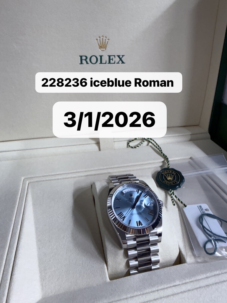 May be an image of wrist watch and text that says 'ROLEX 228236 iceblue Roman 3/1/2026 BAIPAT SIIK יןווו L ROLE'