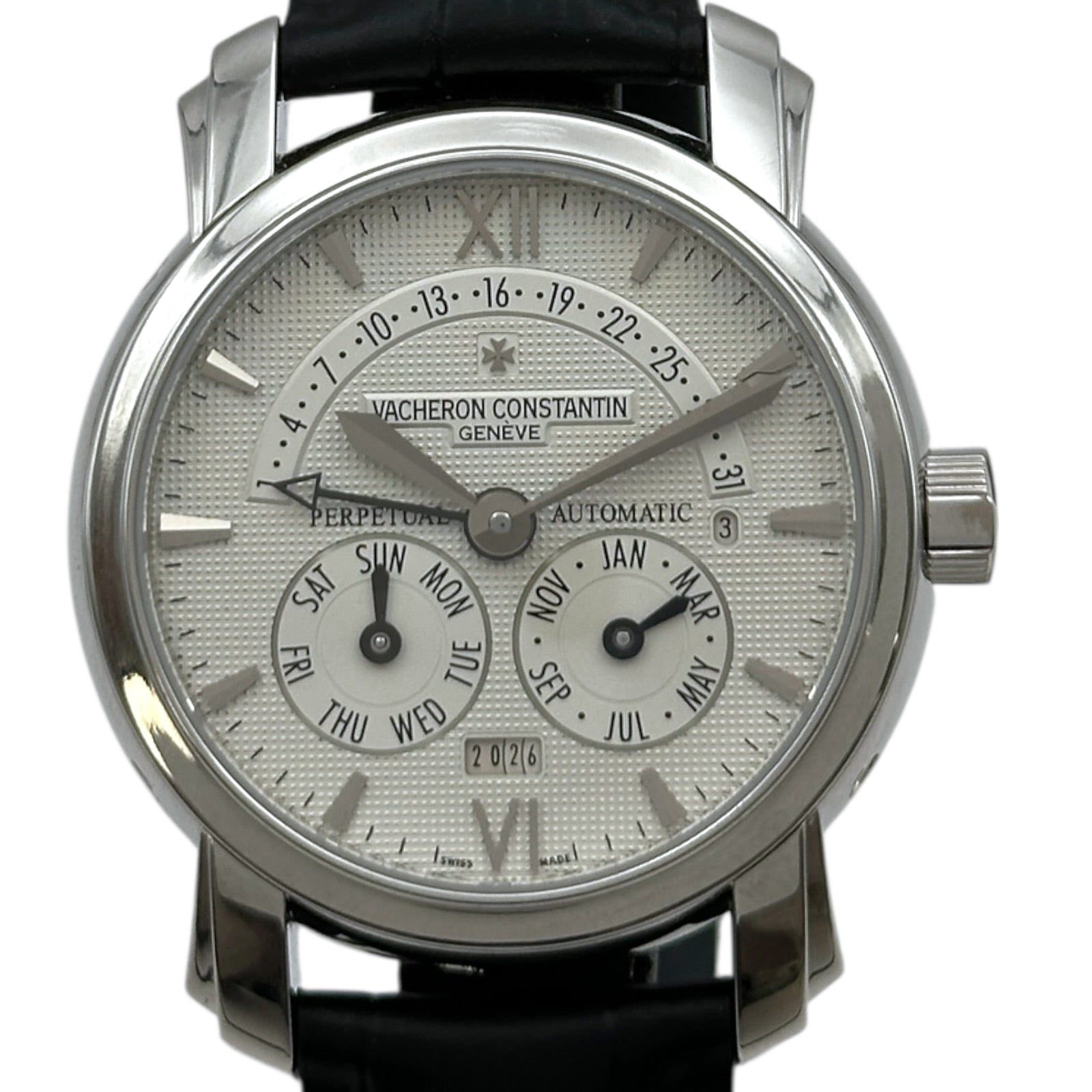 May be an image of wrist watch and text that says '1 10.• .• VACHERON VACHERONCONSTANTIN CONSTANTIN GENEVE رسی 31e 3 AUTOMATIC ATIC က JAN MAR ΝΟν SEP NW 1ክ PERPETOE SAT SUN MON…