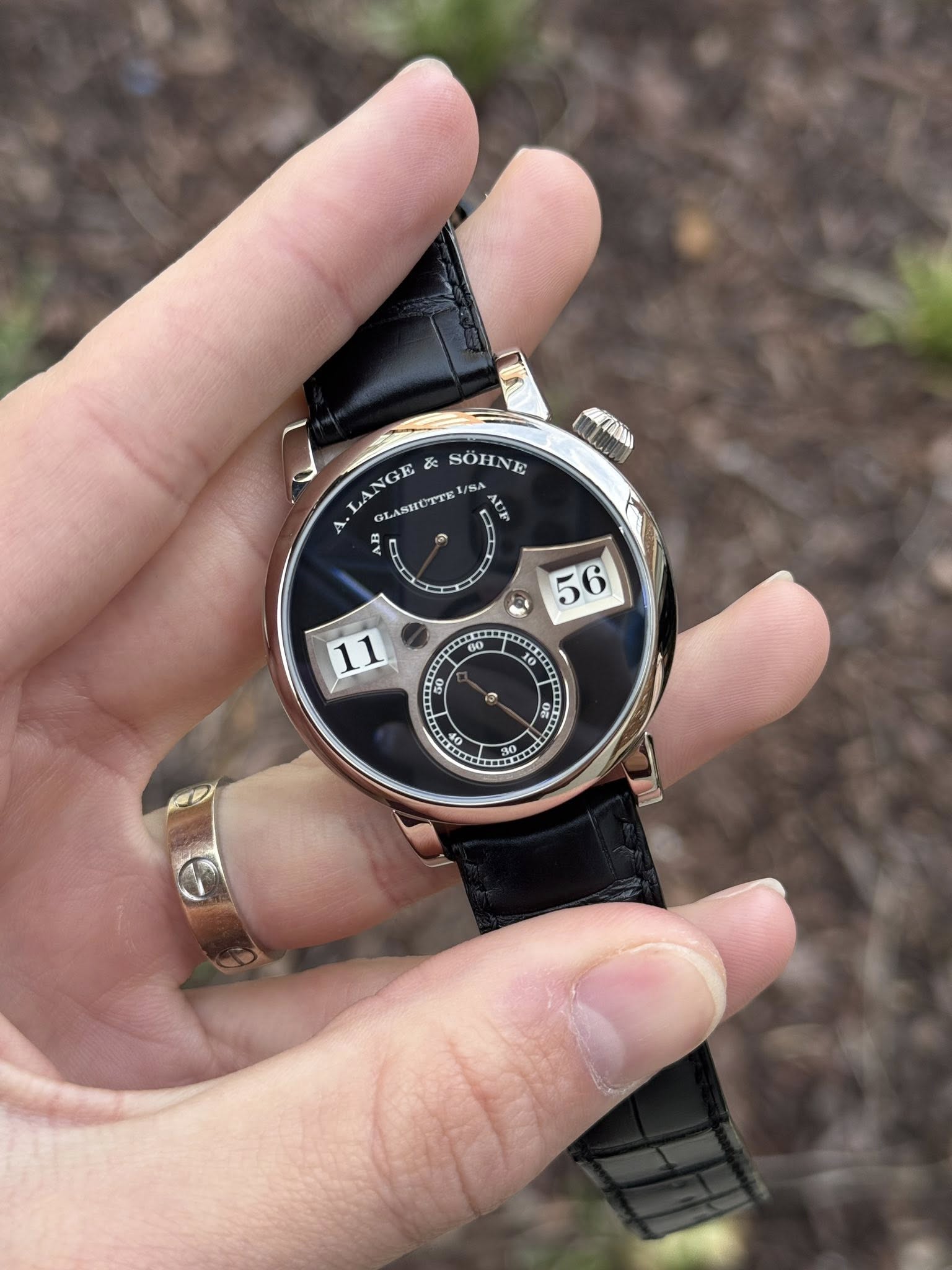 May be an image of wrist watch and text that says 'LANGE GLANHOT "ፖኘዝ ン & SÖHN SOHNE M 56 R 60 60 11 I D 80 50 o و % KO ០៨ 10 10 E 0'