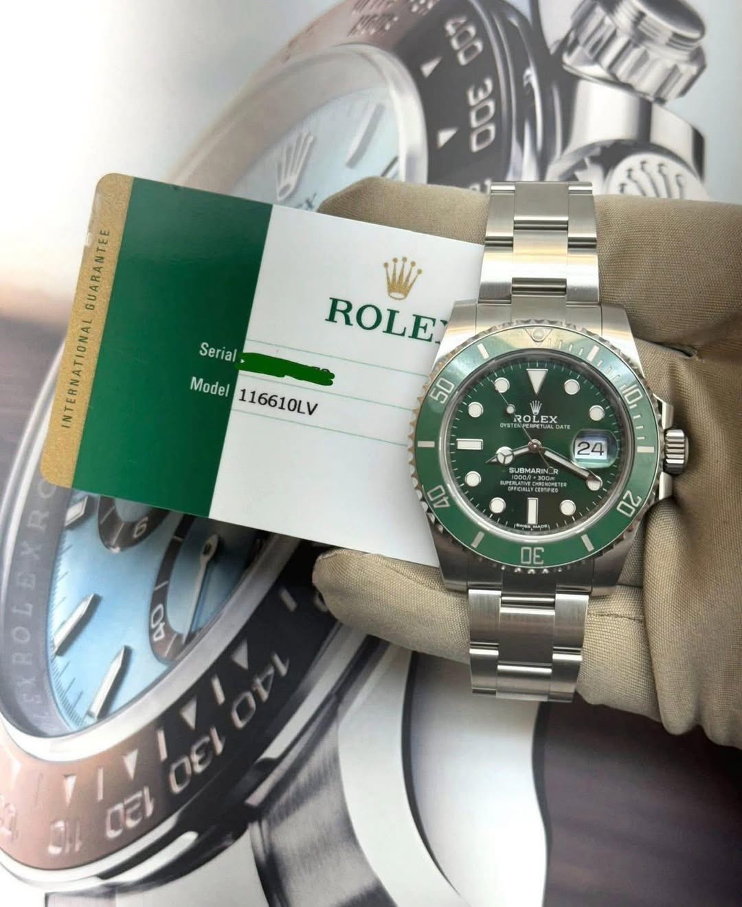 May be an image of wrist watch and text that says '9% 300 للل GUARANTEE INTERNATIONAL ROLE Serial Model Model116610LV 116610LV 50 2YSn SAPAPERA ROLEX X ROLE 10 F SUBMARIN 24 40…