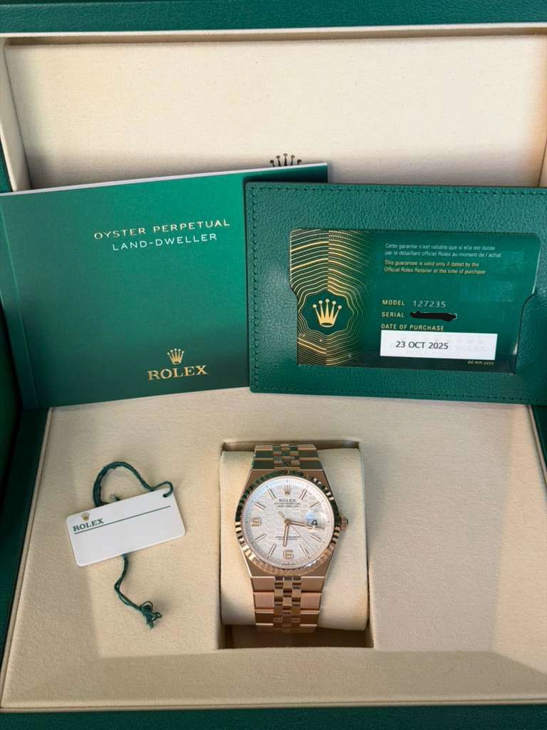 May be an image of wrist watch and text that says 'OYSTERPERPETUAL OYSTER LAND-DWELLER PERPETUAL Goseom CaMOaN 27235 MODEL SERIAL ATEOFFURCHASE ROLEX ROI 23 OCT 23OCT2025 2025…