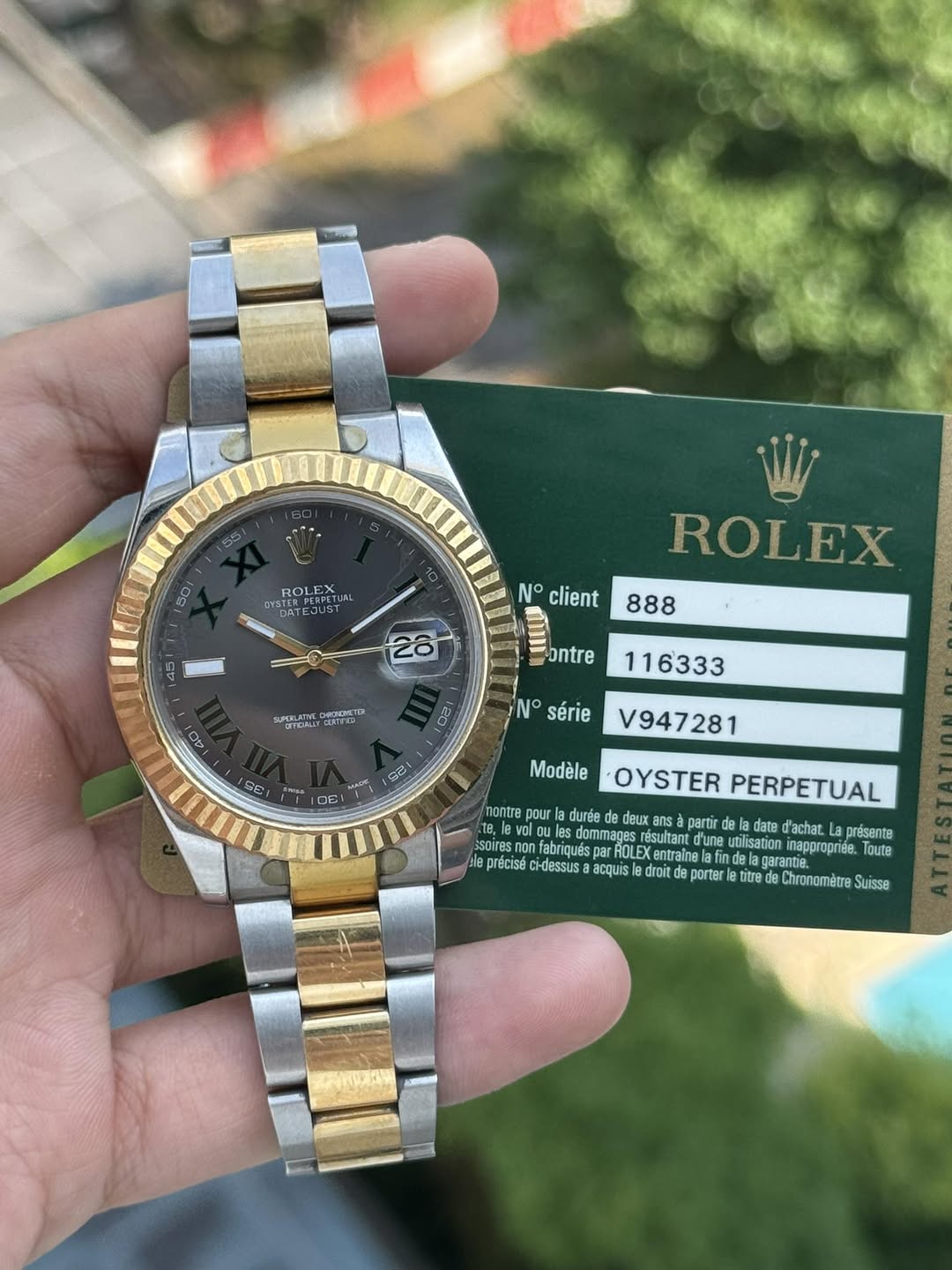 May be an image of wrist watch and text that says '58 50 ROLE DYSTE DATEJUST N° client 45 28 ROLEX 888 ontre SUPSELAITEY 건이지원소 40 ባቻ 116333 SE 3 N° série V947281 සේ DE Modèle…