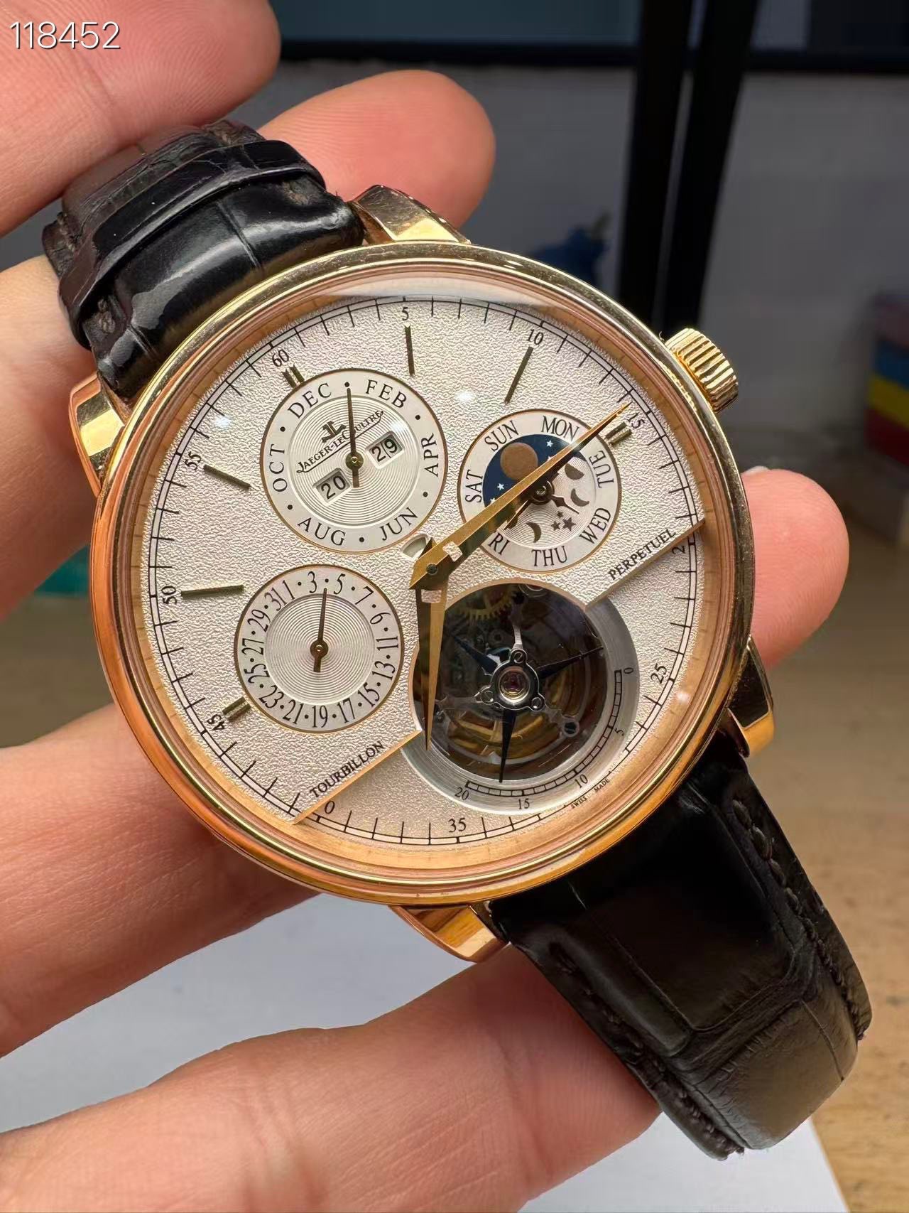 May be an image of wrist watch and text that says ' EC CB DETRE ဂ 20 OCT VAZGER-IZ AtC C 29 UC AUG JUN 5 ح A SUN MON SAT FUT E WED PERPETUEL THU 50 P لي 0 SI. OURBILLON 4 35'