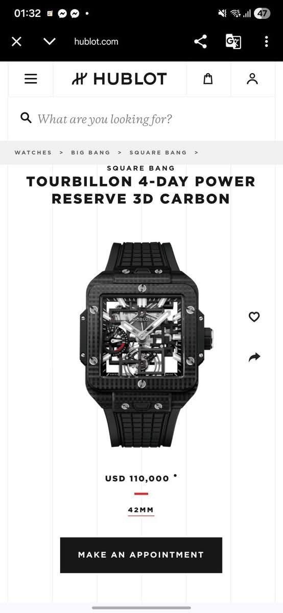 May be an image of digital watch and text that says '01:32 X hublot.com com ٣٣ HUBLOT ဂိ What Tu lookingfor? WATCHES BIG BANG SQUARE SQUAREBANG> BANG SQUARE BANG TOURBILLON 4-DAY…