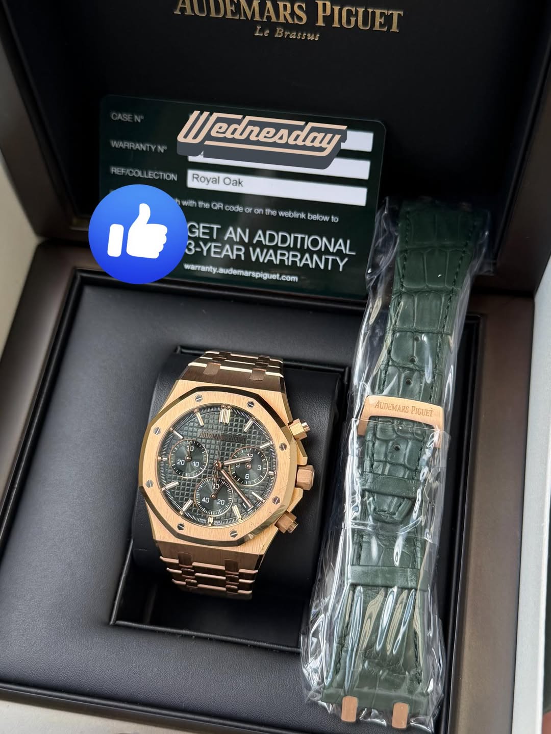 May be an image of wrist watch and text that says 'EMARS PIGUET LeBrassus WARRANTYN //ednesday REF/OOLLIECTION RoyalOak Royal Oak with the 1eQ OR code or on the weblink below to…