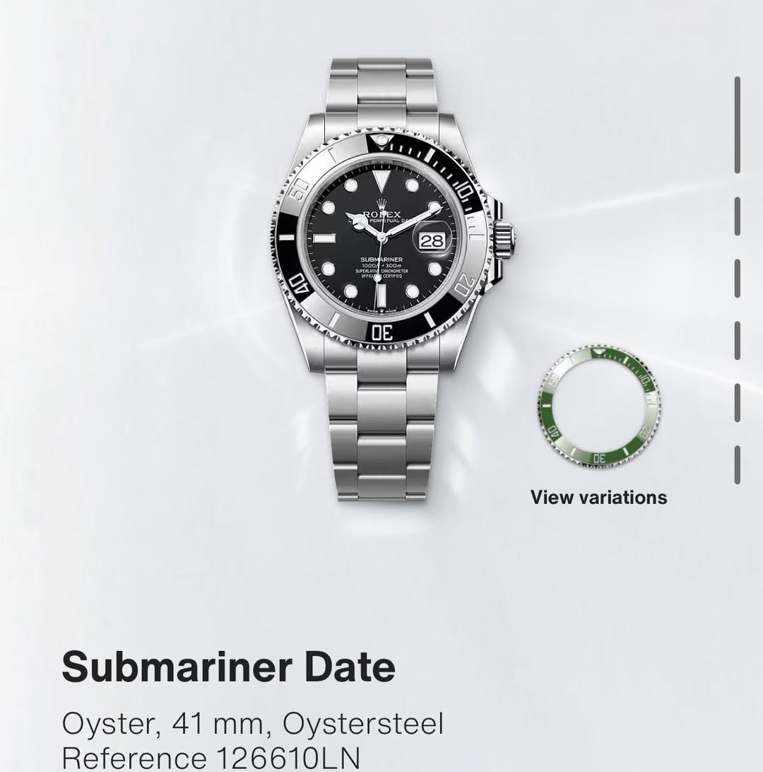 May be an image of wrist watch and text that says '50 5L LEX 10 28 BIPINGR III 40 2 5 2 View variations Submariner Date Oyster, 41 mm, Oystersteel Reference 126610LN'