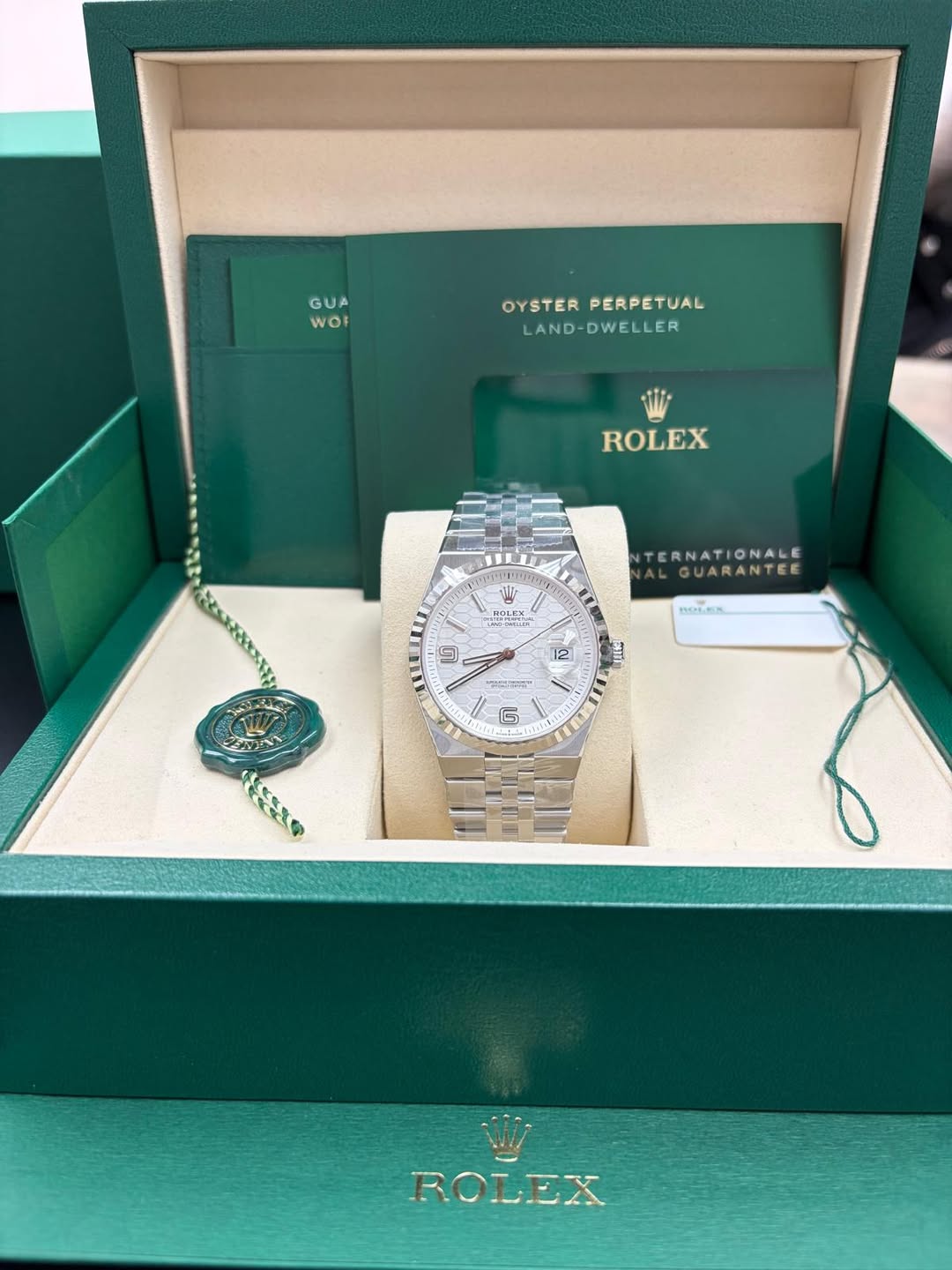 May be an image of wrist watch and text that says 'GUA Wor OYSTERPERPETUAL OYSTER PERPETUAL LAND-DWELLER ROLEX יויו 백 HOLEX HOLEX A TnИTBH TERNATIONALE ONALE LGUARANTEE R U mOt…