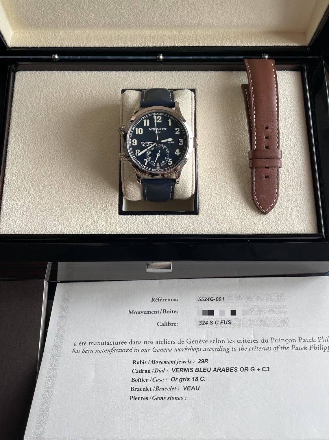 May be an image of wrist watch and text that says ' MDO 9 Fd Référence: 5524G-001 Mouvement/Boite: Boite: Calibre: 324SCFUS éré manufacturée dans nos ateliers Genève selon critères…