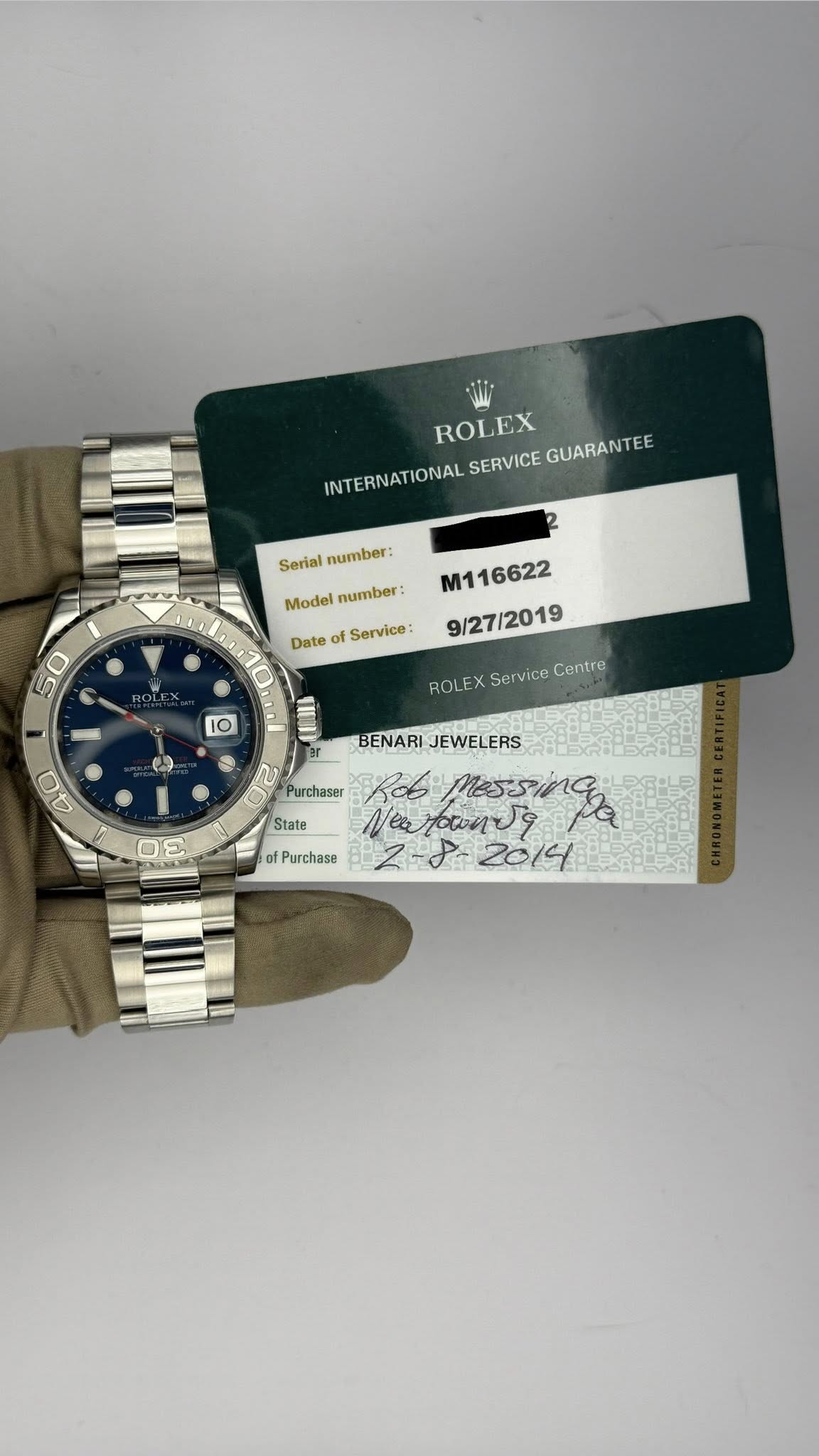 May be an image of wrist watch and text that says 'ROLEX GUARANTEE INTERNATIONAL SERVICE Serial number: Model number: Date of Service: 50 M116622 9/27/2019 ROLEX ServiceCentre…