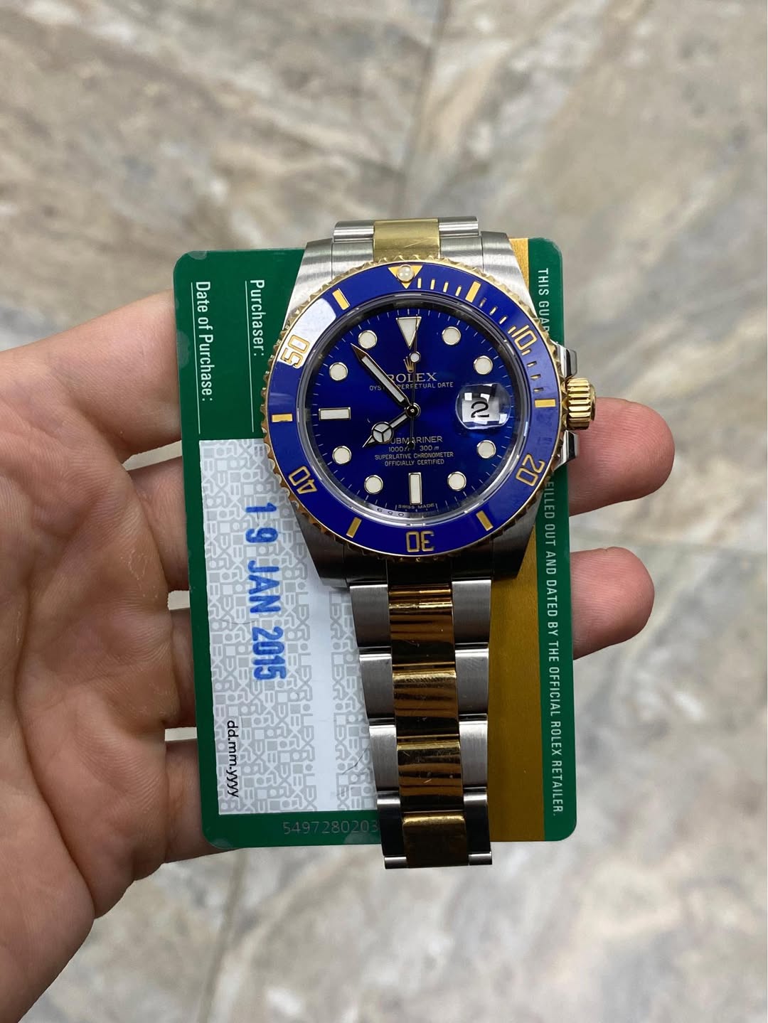 May be an image of wrist watch and text that says 'Date of purchase 09 U Purchaser: Purchase THIS GUAB 10 Oi EX - مب 20 LED DA OUT AND DATED ۶ BY THE OFFICIAL ROLEX RETAILER EI…