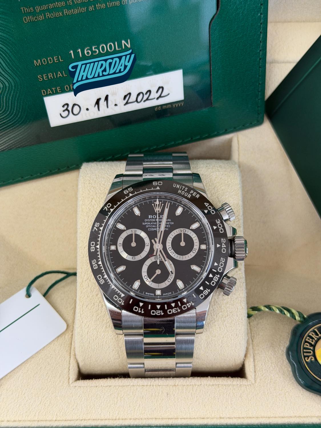 May be an image of wrist watch and text that says 'the timeorpu Retailer MODEL 116500LN SERIA THURSDAY S5 70 RO យ i 80 85 go UNITS HOURE UNITSPER PER 400 300 A ل 110 N 120 ល U…
