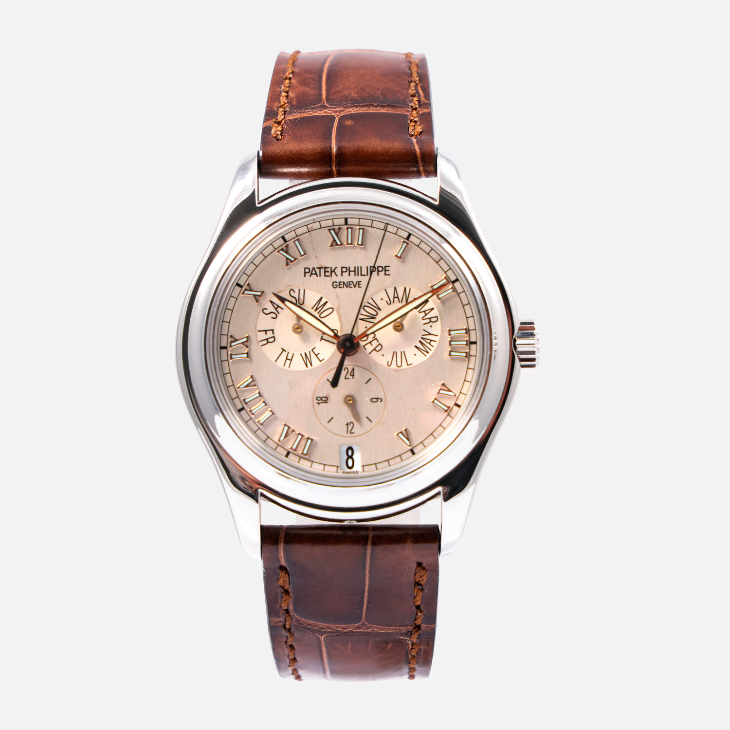 May be an image of wrist watch and text that says 'ل XI PATEK PATEKPHILIPPE PE XII X GENEVE JAN f چی MX FF ED AY M TH NE JUL II WA IA $ 24 ミ nЛ 12 1 1 8 တာ'
