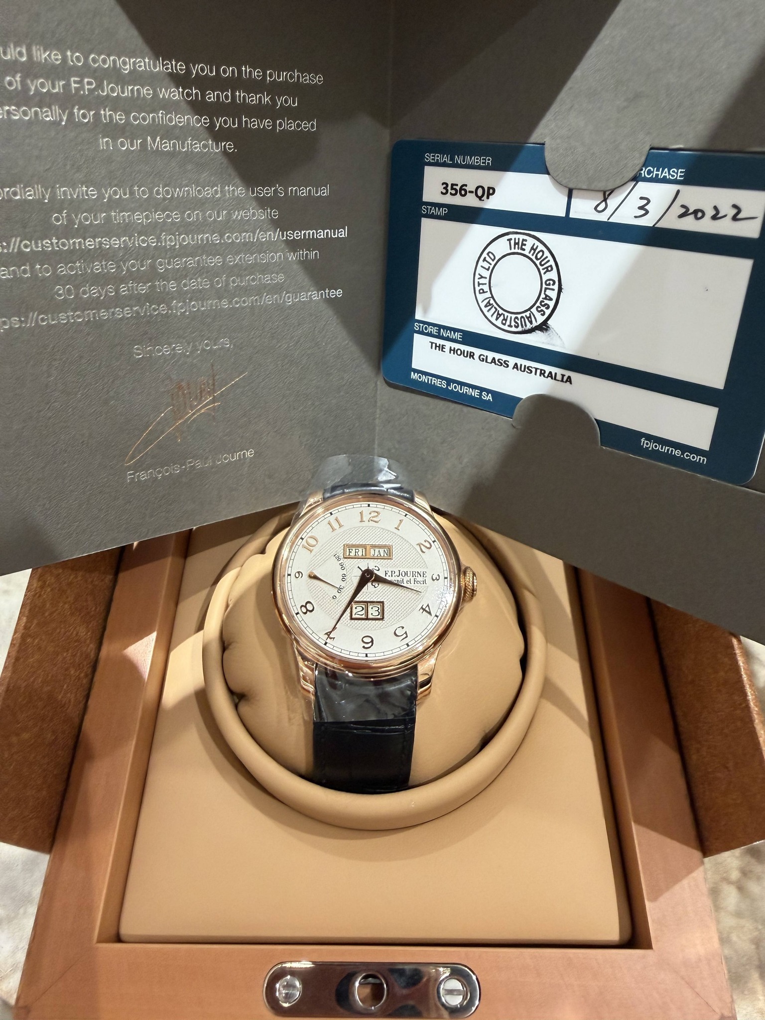 May be an image of digital watch and text that says 'uld like to congratulate you on the purch ase of your F.P. P.Journe watch and rsonally for the confidericeyo you nave placed…