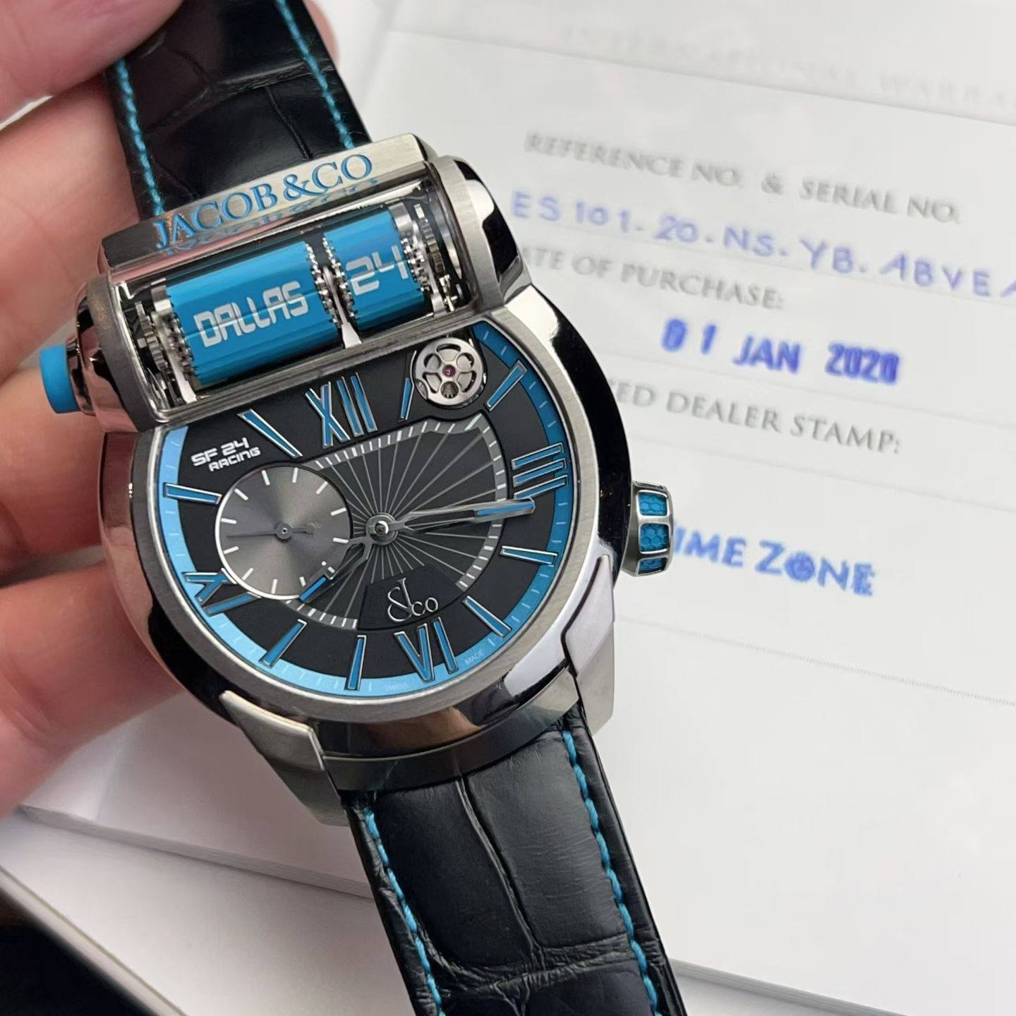 May be an image of digital watch and text that says 'JAGOB JACOB& yлcOB&CO &CO 小 ኢር DALLAS XII REFERENCE NO & SERIAL NO ES101- 20 ES 101- TE TEOF OF PURCHASE: YB.ABVE YB. ABVE…