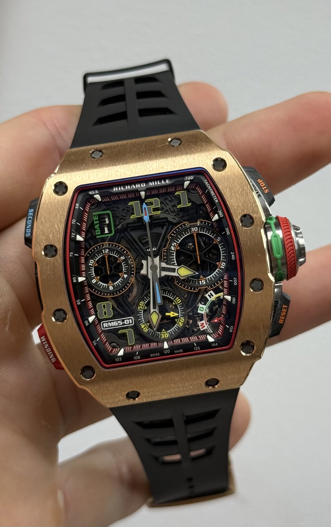 May be an image of wrist watch and text that says '65.5 120 KILHARD MILLE TO SOSESOS 101S TACHYMETER GA wiu 心 بل OWile 300 היחיןין 240 10 T חן ጣ GOZ 081 RM65-01 01 RM6 20 30 0ی…