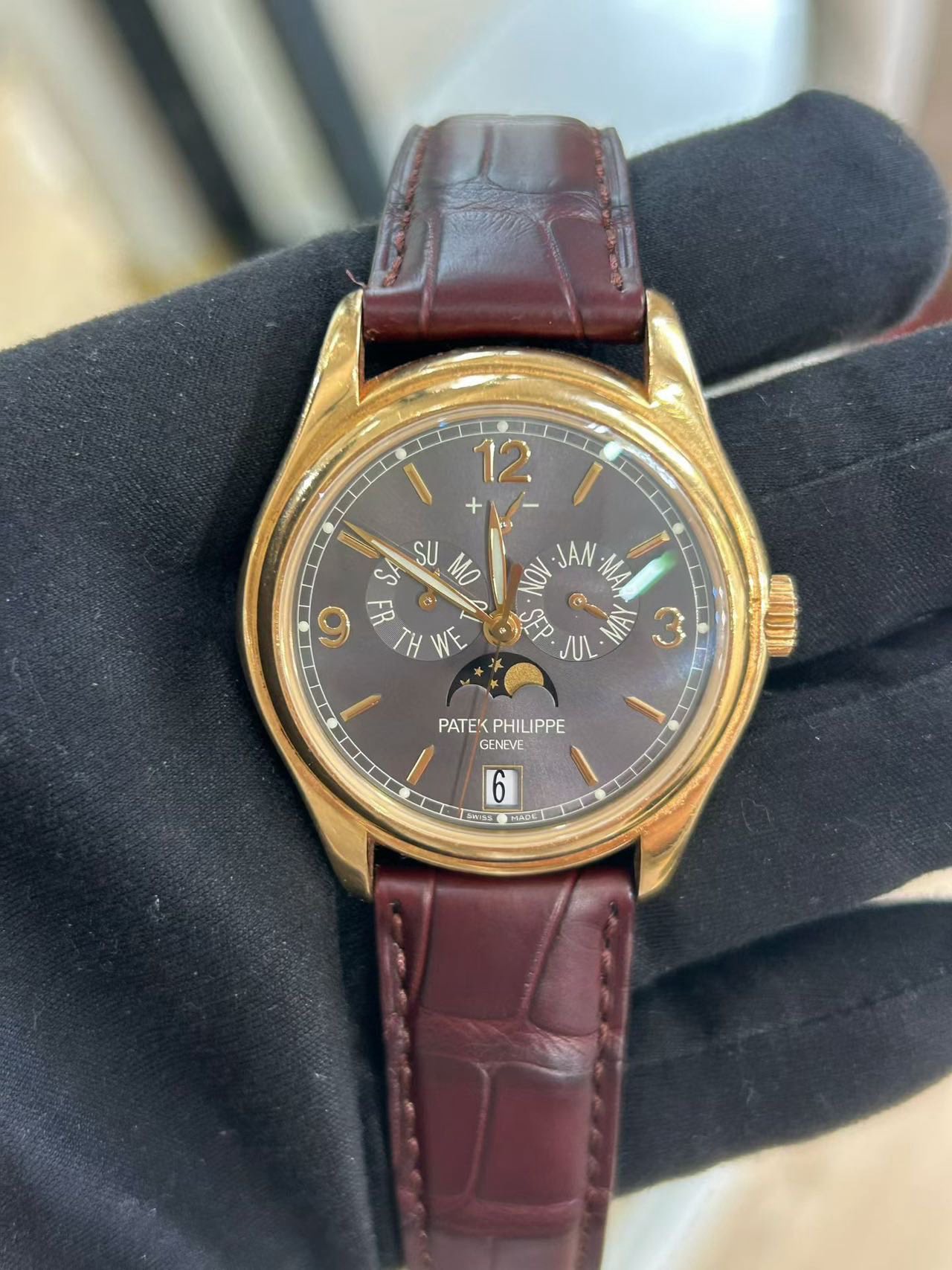 May be an image of wrist watch and text that says '/ 12 1 IL S SU MO AOY JAN MA, G TH THWE を SEp. 至 لن ל PATEKPHILIPPE PATEK PHILIPPE GENEVE 6'