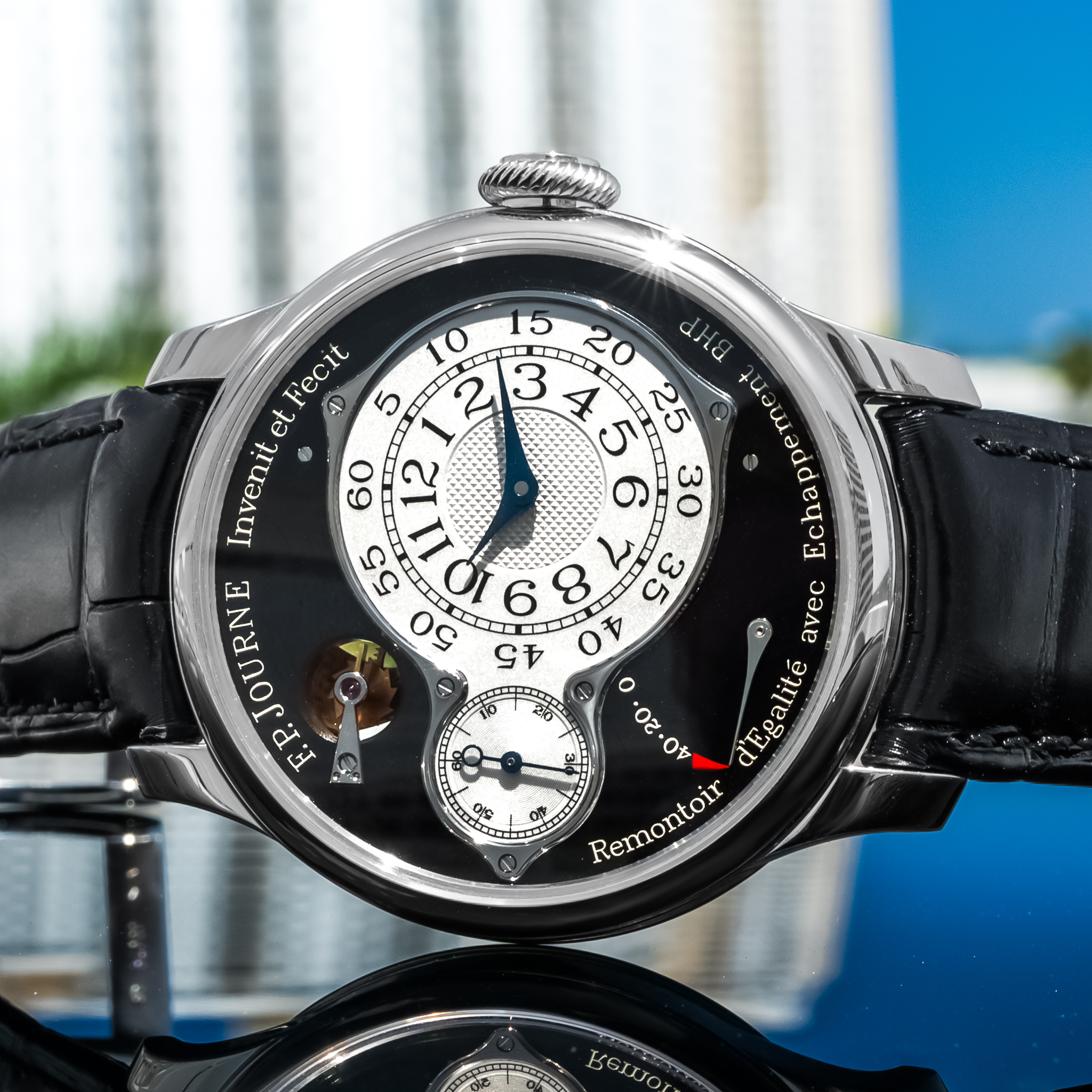 May be an image of wrist watch and text that says '10 15 20 dHa 5 2 3 DITT IIXIT Echappemen Echa 36 o ት P avec > ٥ 02 OT d'Eealité Remontoir et Invenit Invenit F.P.JOURNE مقم 6…