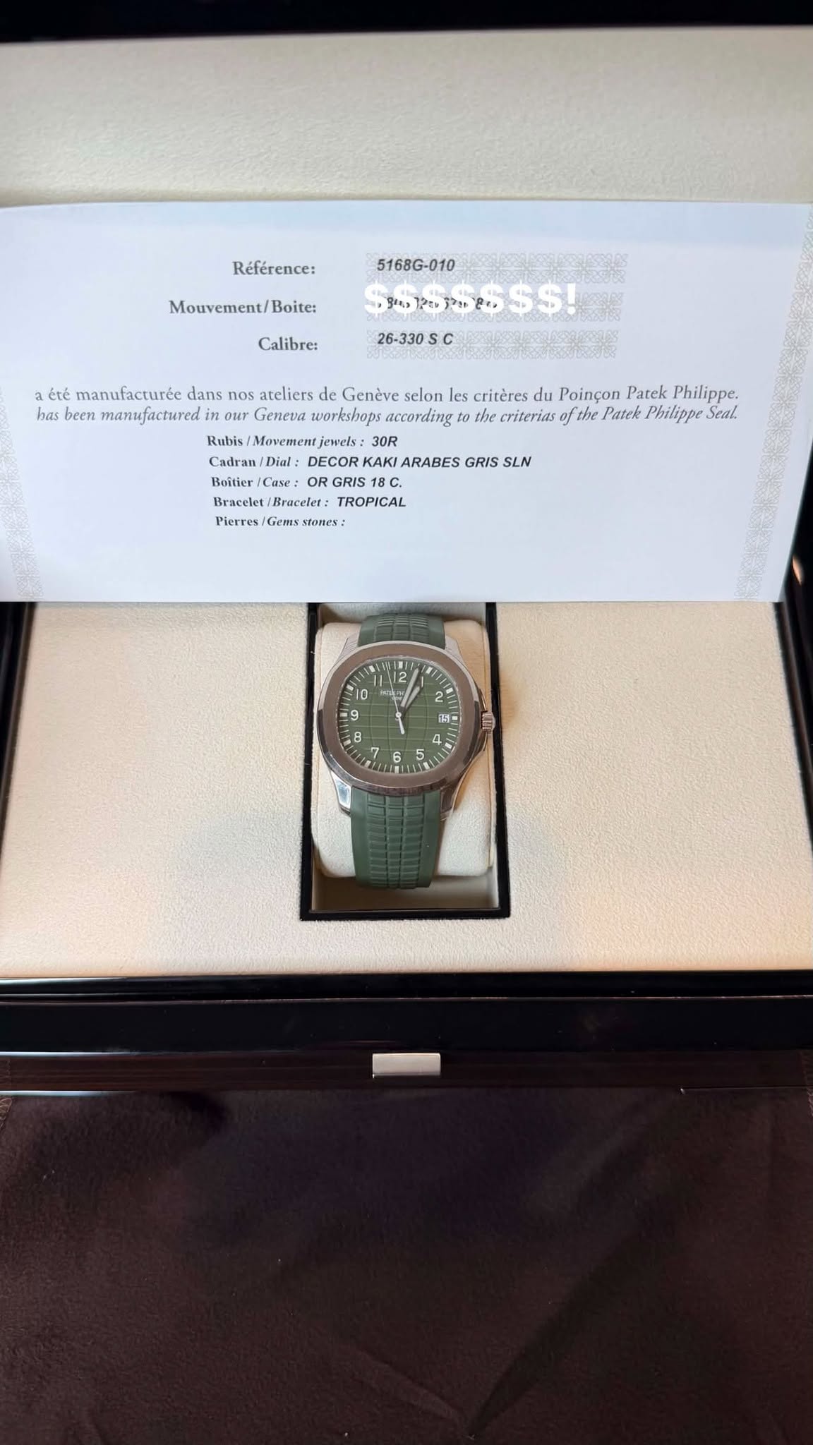 May be an image of wrist watch and text that says 'Référence: 5168G-010 Mouvement/ Boite: P Calibre: 26-330S ειε manufacturéc dans nos ateliers de selon les critères du Poinçon…