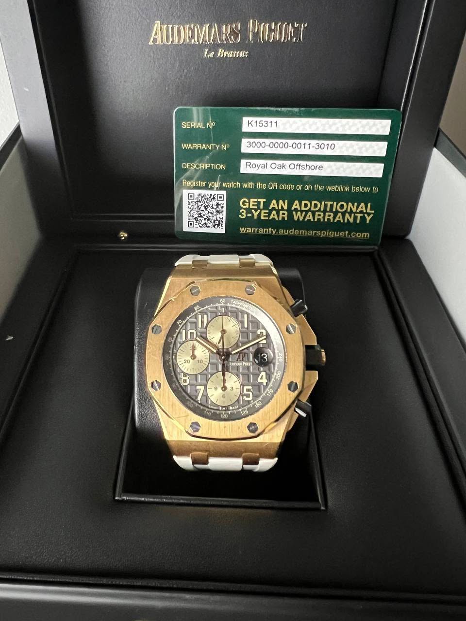 May be an image of wrist watch and text that says 'AUDEMARS PEOT le Brasse: SERIAL No K15311 WARRANTY N° DESCRIPTION Royal Oak Offshore Register your watch with the the OR ode…