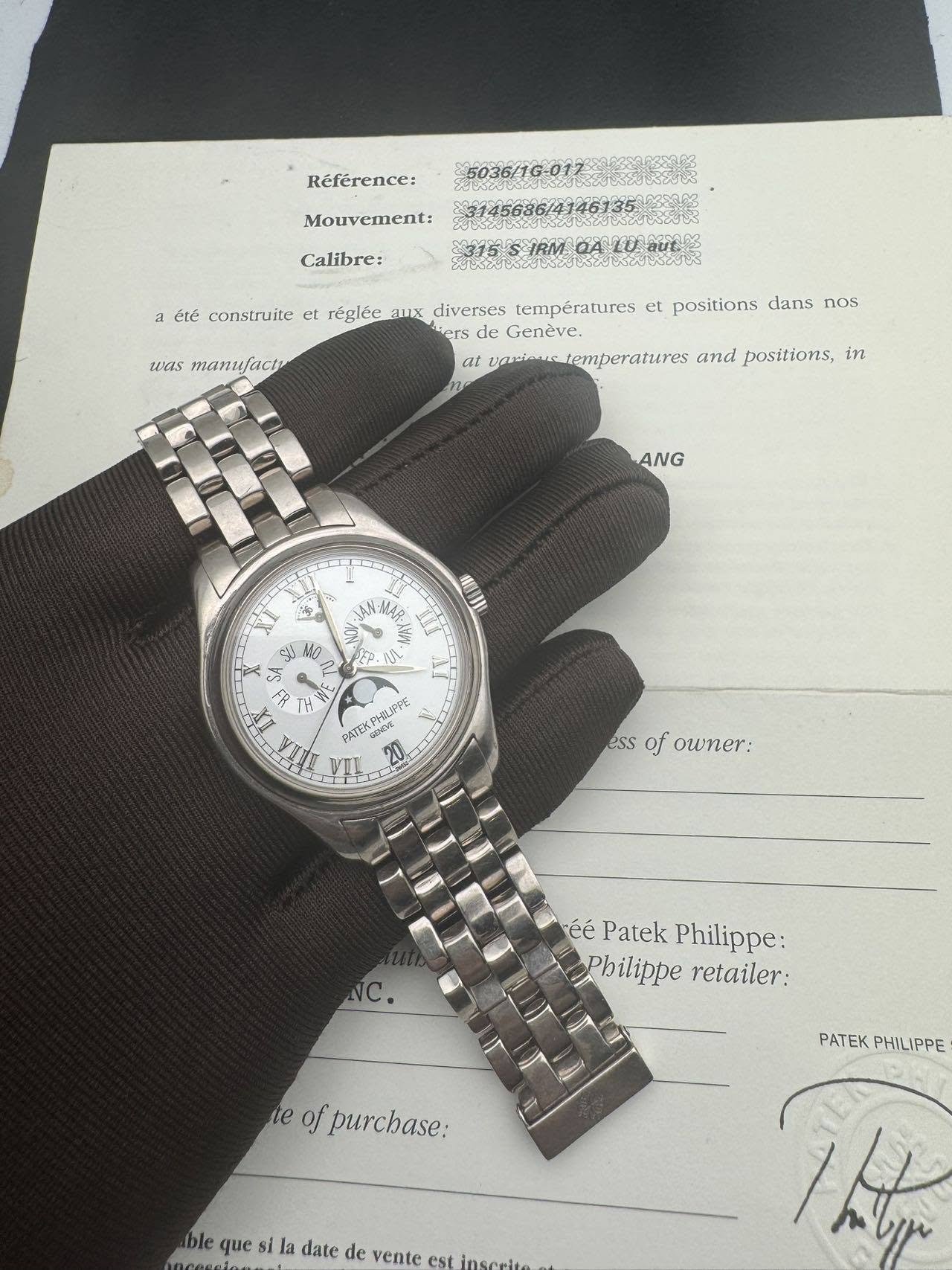 May be an image of wrist watch and text that says 'Référence: 5036/1G-017 Mouvement: /4346135 Calibre: SEASSRN.62ATR8U2N3 was manufacı mant a été construite et régléc aux…