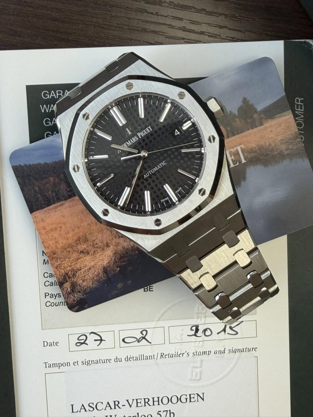 May be an image of wrist watch and text that says 'GAR WA GA A PIGUET DEMARS i e 一 ET AUTOMATIC ی - M. Can Calh Pays Count BÉ Date 27 201s 15 to Tampon et signature du…