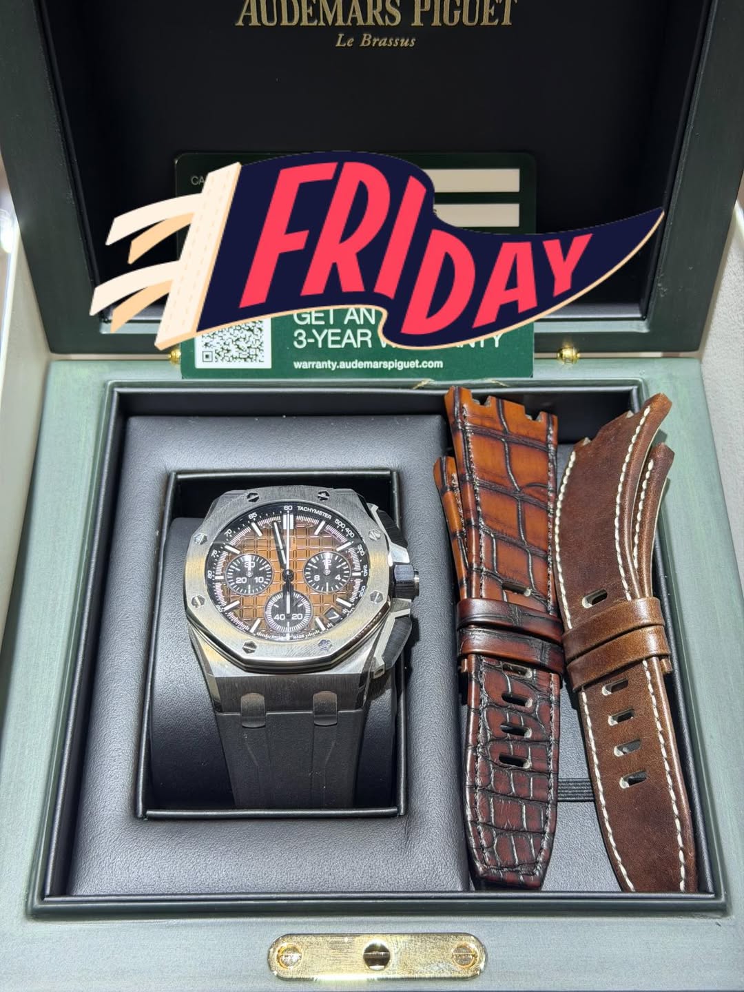 May be an image of wrist watch and text that says 'HUDEMARS PIGUET LeBrassus FRIDAY GETAN 3-YEAR ロおがそだた warranty.audemarspiguet.com warranty. မ SOm M ይዳስ Er 12 5 D 4 AY 4= 24 ES…