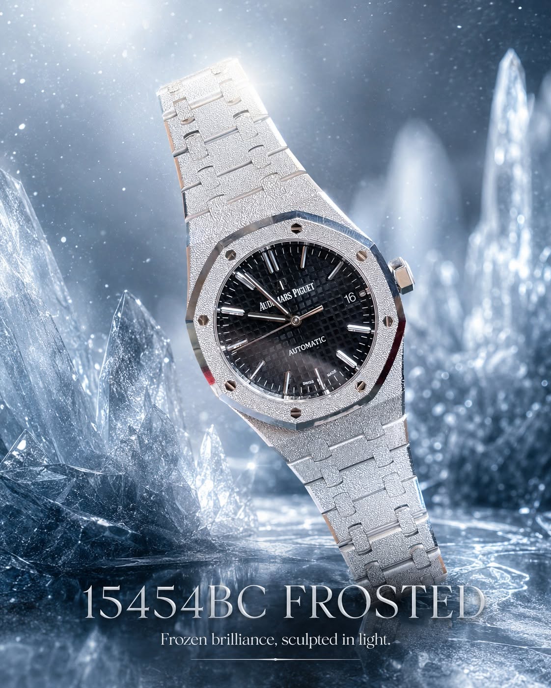 May be an image of wrist watch and text that says 'Il PIGUET AИ ARS 16 NNNNN AUTOMATIC 15454BC 454BCFRÓSTEL FROSTED Frozen bı rilliance, sculpted in light. ligh l.'
