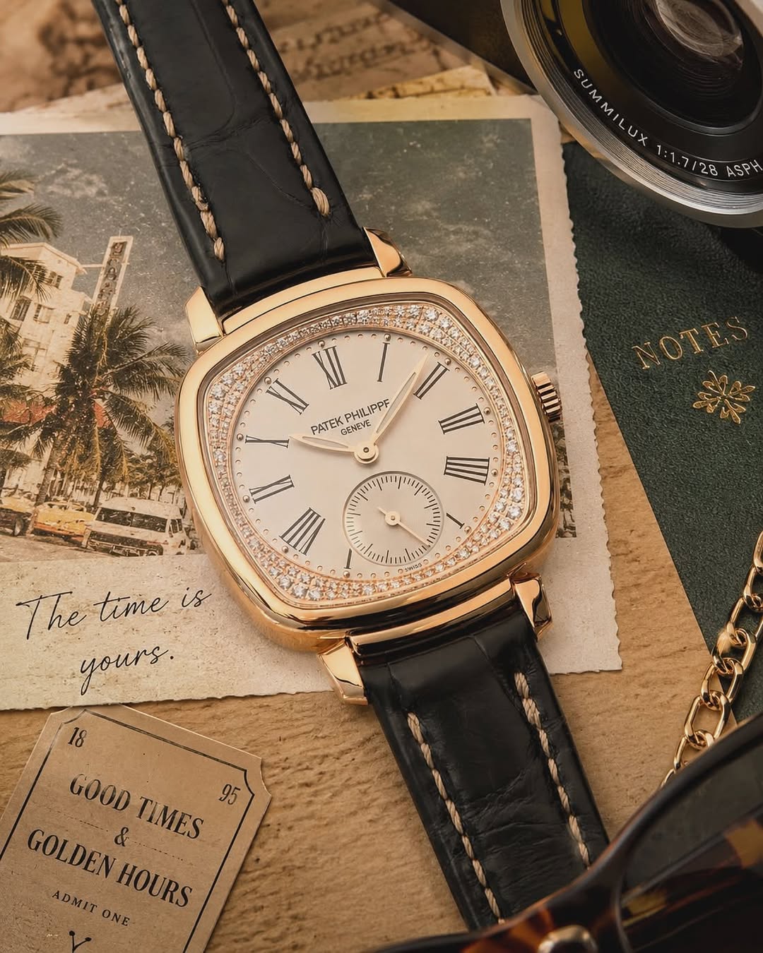 May be an image of wrist watch and text that says '1 V SUMMILUX M ግዚሁ MILUX 1:1.7128 VII PATEK PATEKPHILIPPE PHILIPPE GENEVE NOTES T = Wi sl1 tii 1 מבאחז সরলসার The time Thetime…