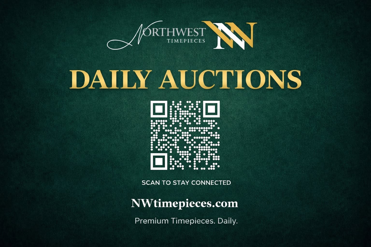 May be an image of text that says 'MRTEMEST N TIMEPIECES DAILY AUCTIONS SCAN to STAY CONNECTED NWtimepieces.com Premium Timepieces. Daily.'