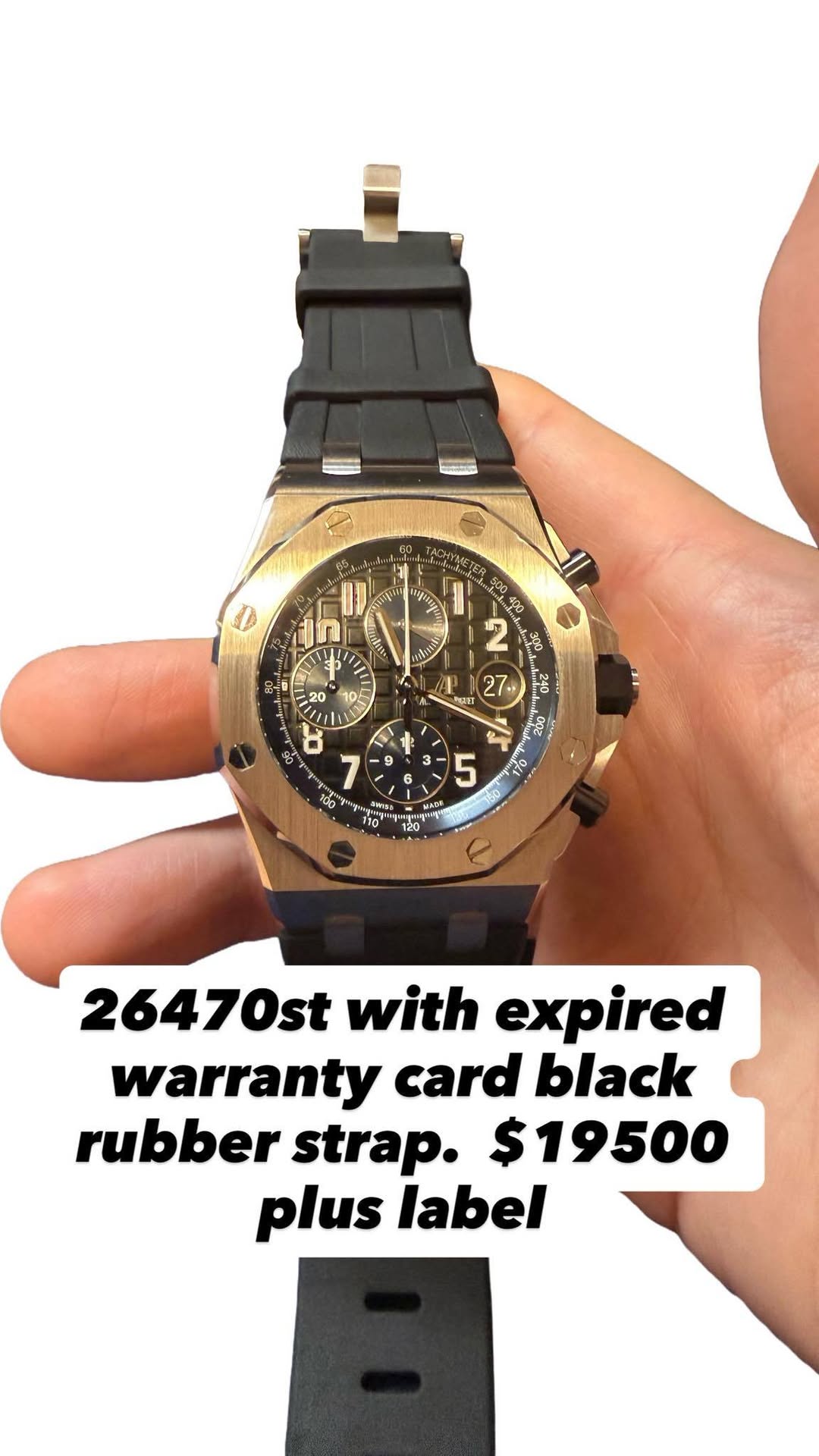May be an image of digital watch and text that says 'Cetv egin 1n 1 1 6 10 ស I 그반 ሌ 5 26470st with expired warranty card black rubber strap. $19500 plus label'