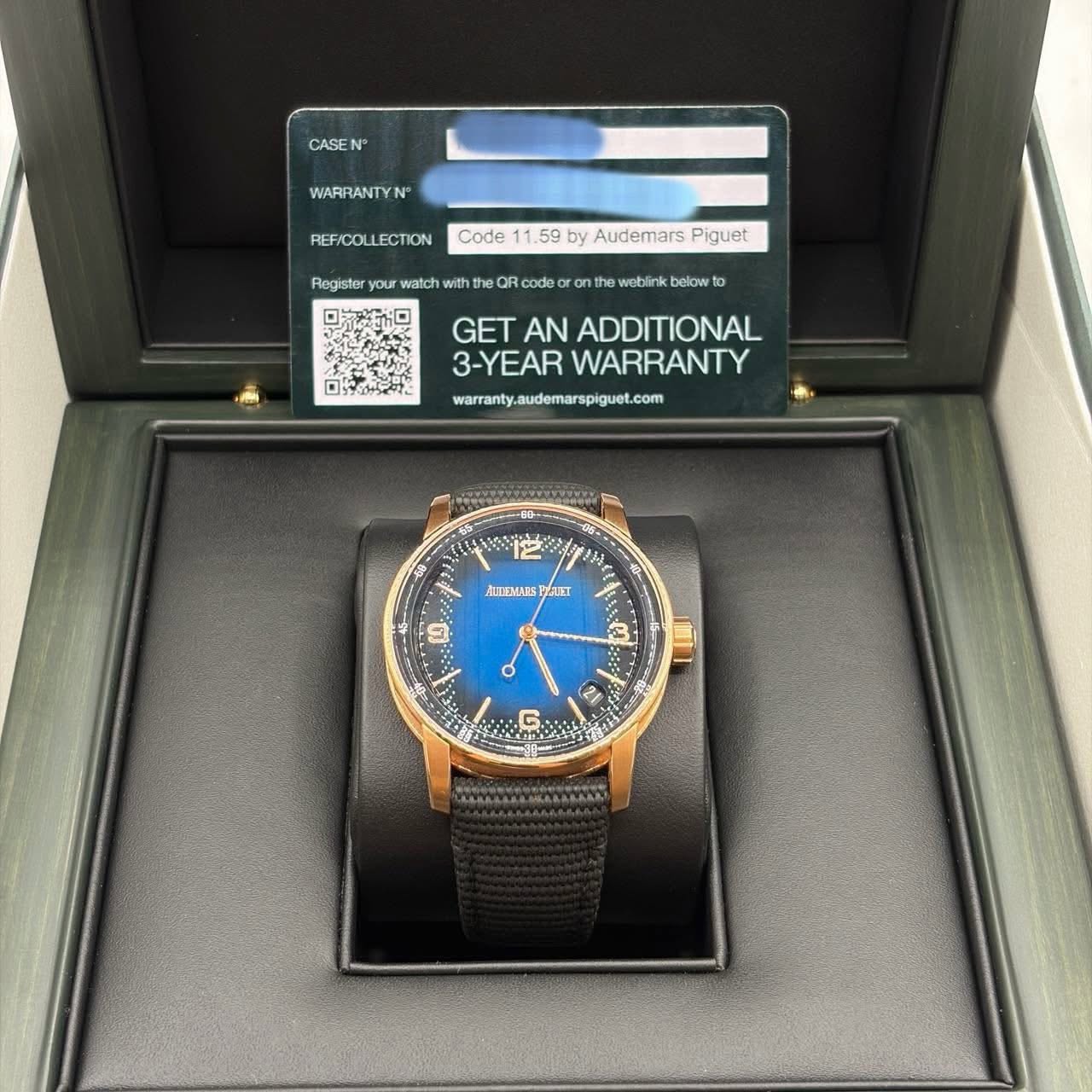 May be an image of wrist watch and text that says 'CASEN WARRANTYN REF/COLLECTION Code 59 59 Register our watch Audemars Piguet code the weblink below to GET AN ADDITIONAL 3-YEAR…