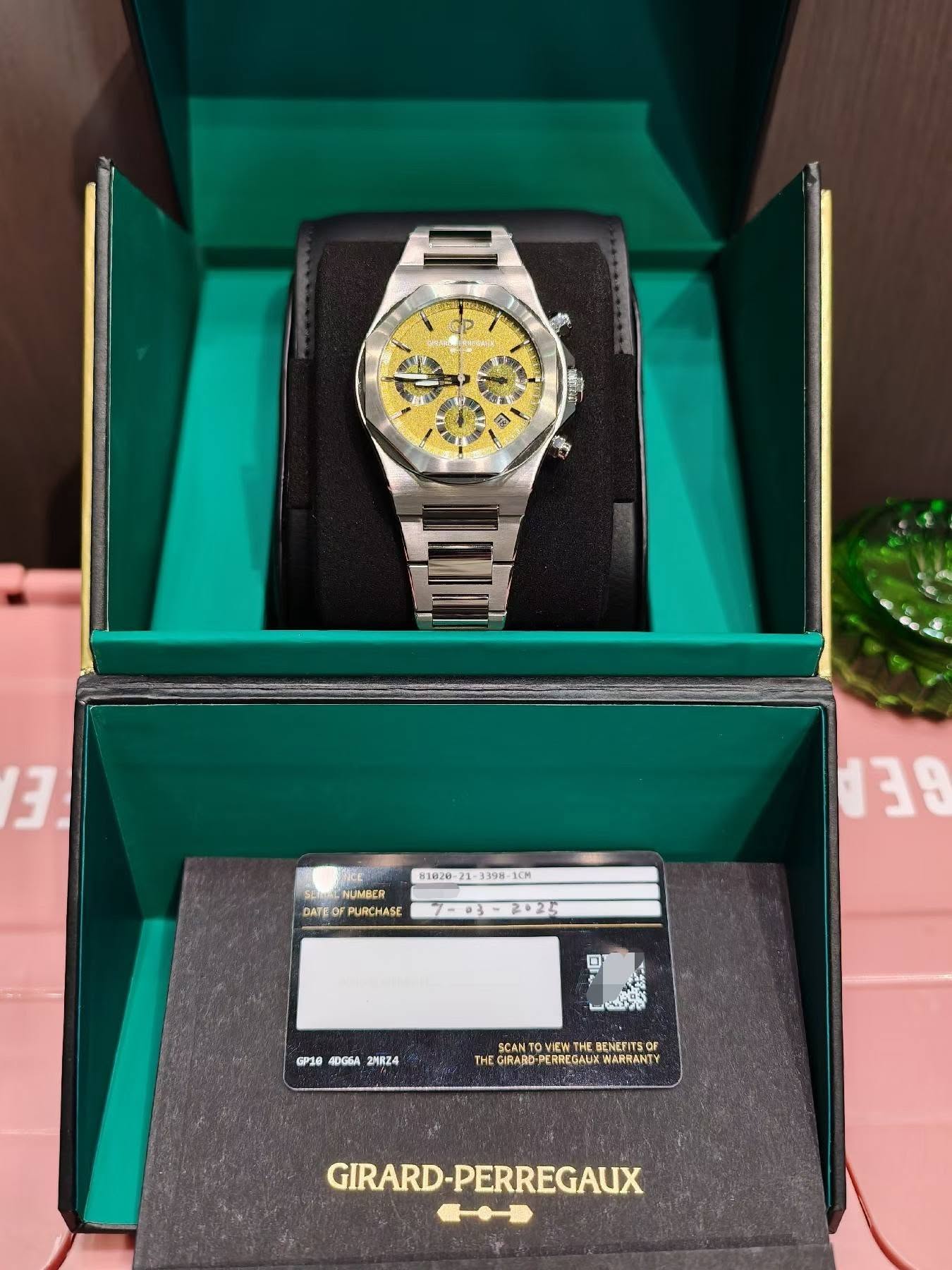 May be an image of wrist watch and text that says 'Pesi 3. 81828 LCH NUMBER DATEO PURCHASE BEE 00-202 山 GPSO 4DG6A ZHRZA SCANT VIEWTH BENCEITSOF THE TAA GIRARD PERREGANX WARRANTY…