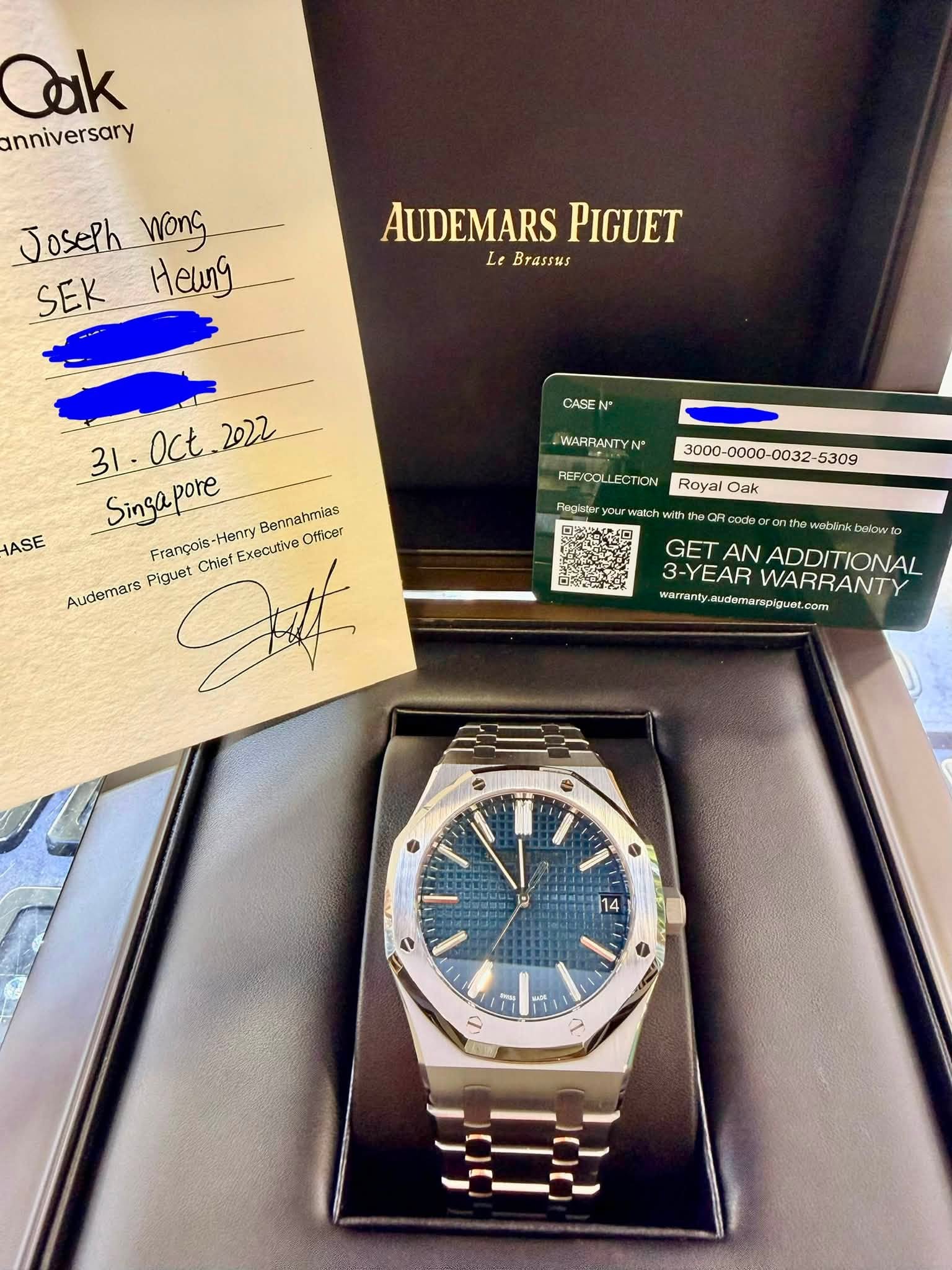 May be an image of wrist watch and text that says 'Cak anniversary Joseih Wong SEK Heung AUDEMARSPIGUET AUDEMARS PIGUET Le Brassus CASE N° HASE WARRANT 31. 31.0ct.2022 Oct. 2022…