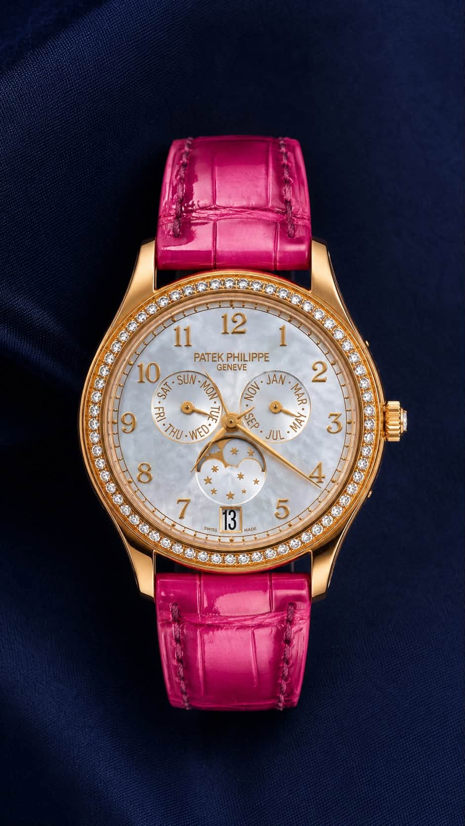 May be an image of wrist watch and text that says ' SAT PATEK PHILIPPE PHIL IPPE GENEVE SUN MON ΜΟν JAN MAR 2 FRI TIT SEp THU WED 込 3 JUL 9 水 8 7 4 13 AAO LADK 5'