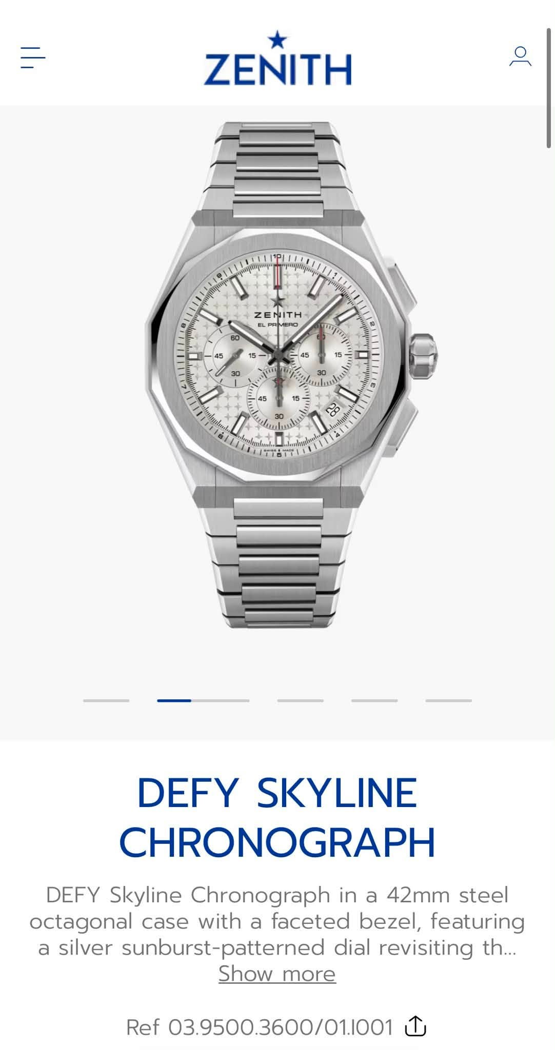 May be an image of digital watch and text that says 'ZENITH ZENITH ITH חחון ម 5 7 Kp 1 P A - SE Y0 知 4 S e 5 လိ ر d ミッ 者 فة 中0 1 わ DEFY SKYLINE CHRONOGRAPH DEFY Skyline…