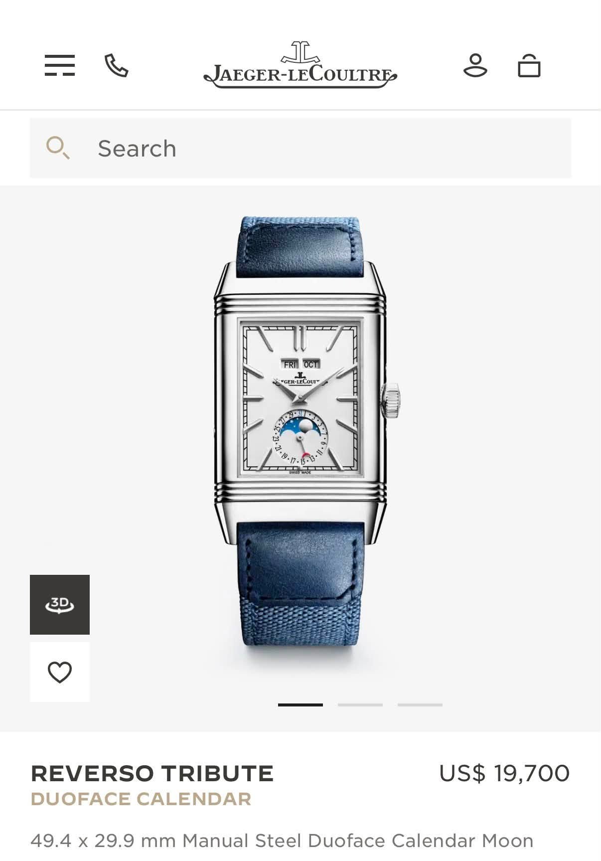 May be an image of wrist watch and text that says 'ፓያ JAEGER-LECOULTRE COULTRE Search aR ชิตาร *0한 -GER-UECO 0 B. - U 3D REVERSO TRIBUTE DUOFACE CALENDAR US$ 19,700 49.4 x 29.9 mm…