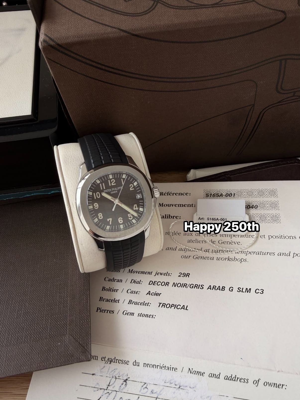 May be an image of wrist watch and text that says '12 I1 pid 0 2 i3 9 Référence: 8 4 5 Mouvemen 7 6 libre: Art: 5166A-00 4-001 rézlée aux Happy Happy250th 250th tempcrauire et…