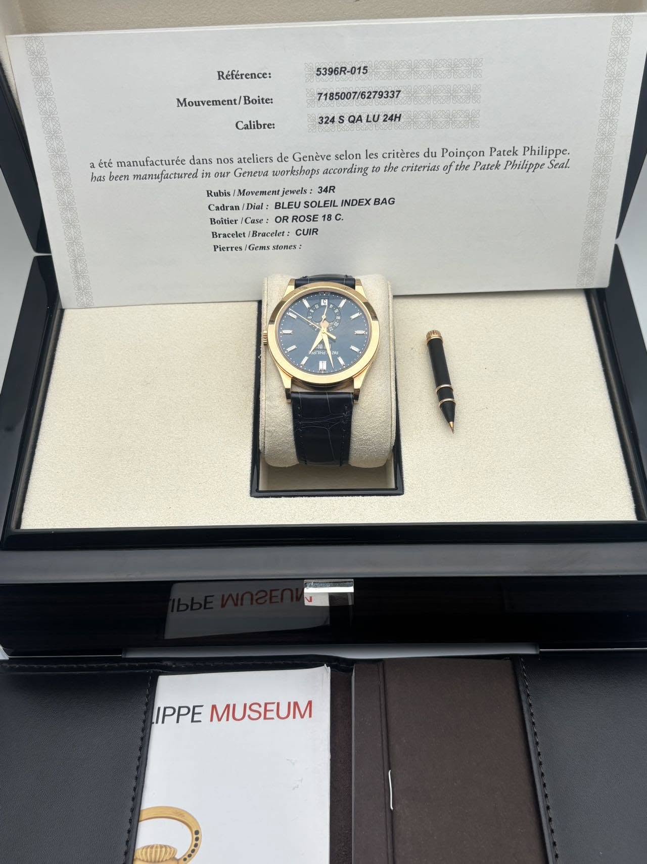 May be an image of wrist watch and text that says 'Référence: 5396R-015 Mouvement/ Boite: 7185007/6279337 Calibre: 324S QAL 24H έτέ manufacturée dans nos ateliers Genève selon has…