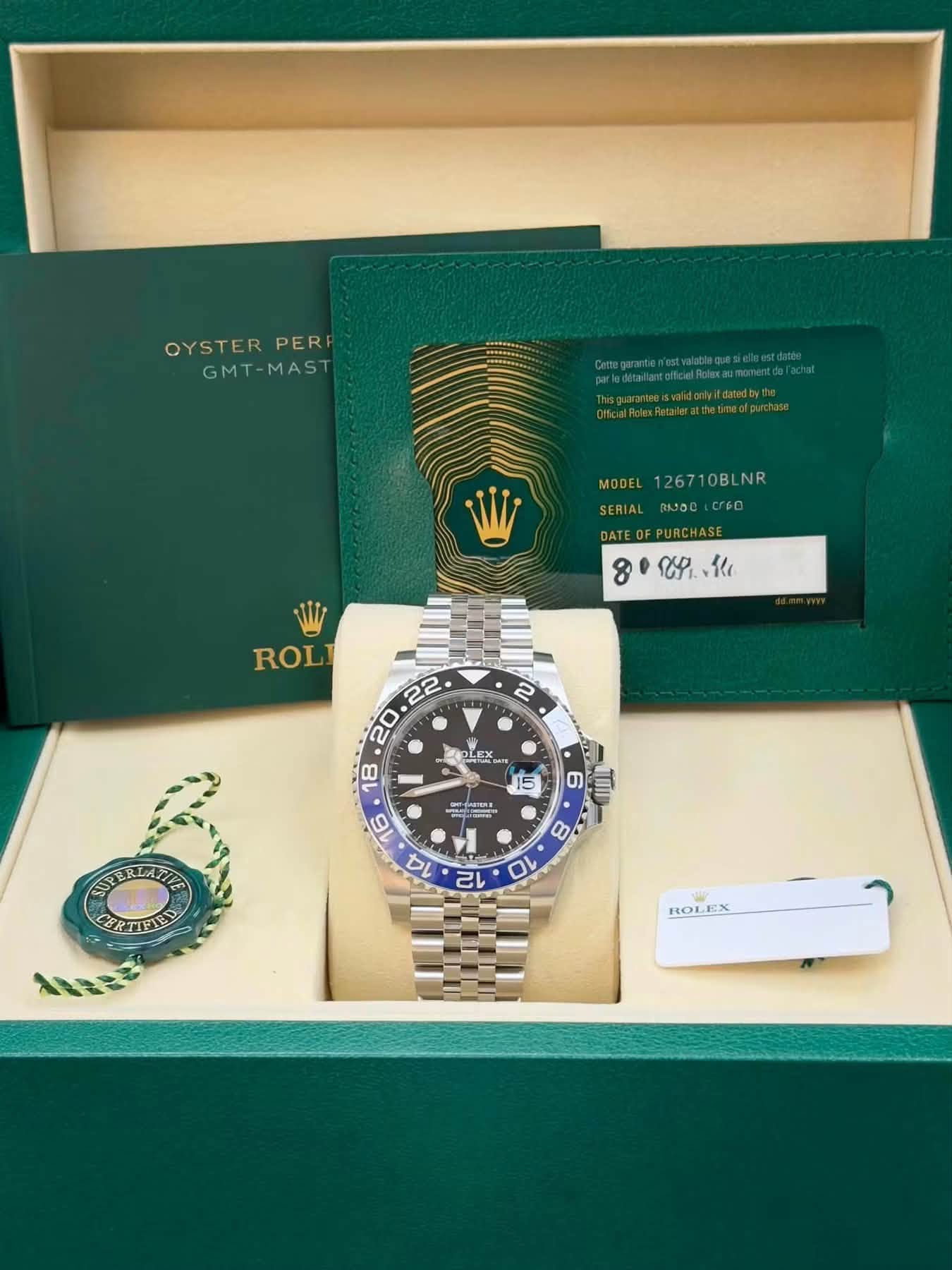 May be an image of wrist watch and text that says 'OYSTER OYSTERPERI PER GMT GMT-MAST MAST bdtalat.coe/Rolrautov MODEL MODEL126710BLNR SERIAL RU00 06๐ DATEOFPURCHASE DATE 8.仙 8 CP重…