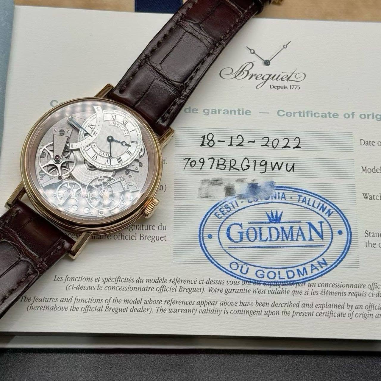 May be an image of wrist watch and text that says 'Bregueto 1775 Depuis HARO de garantie 0 S0 歡 Certificate of orig E Date 7097BRG19Wu Mode យ0 nature du officiel Breguet Watcl EEST…