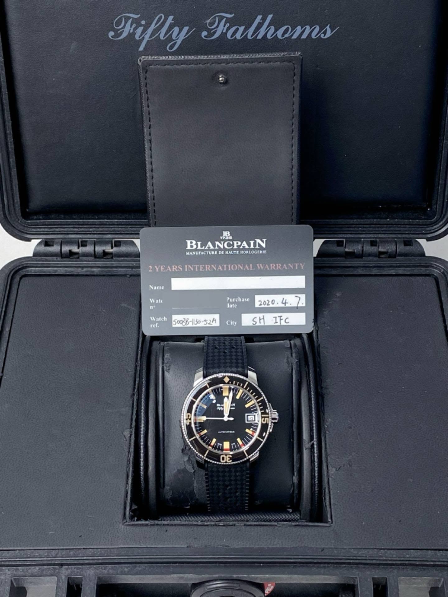 May be an image of wrist watch and text that says 'Fifty Falhoms pitcoaaa.errsaae 2YEARS BLANCPAIN MANUTACTUREDE EHORLOGERIE NTERNATIONAL WARRANTY Name Wate Purchase Sate 2020.…
