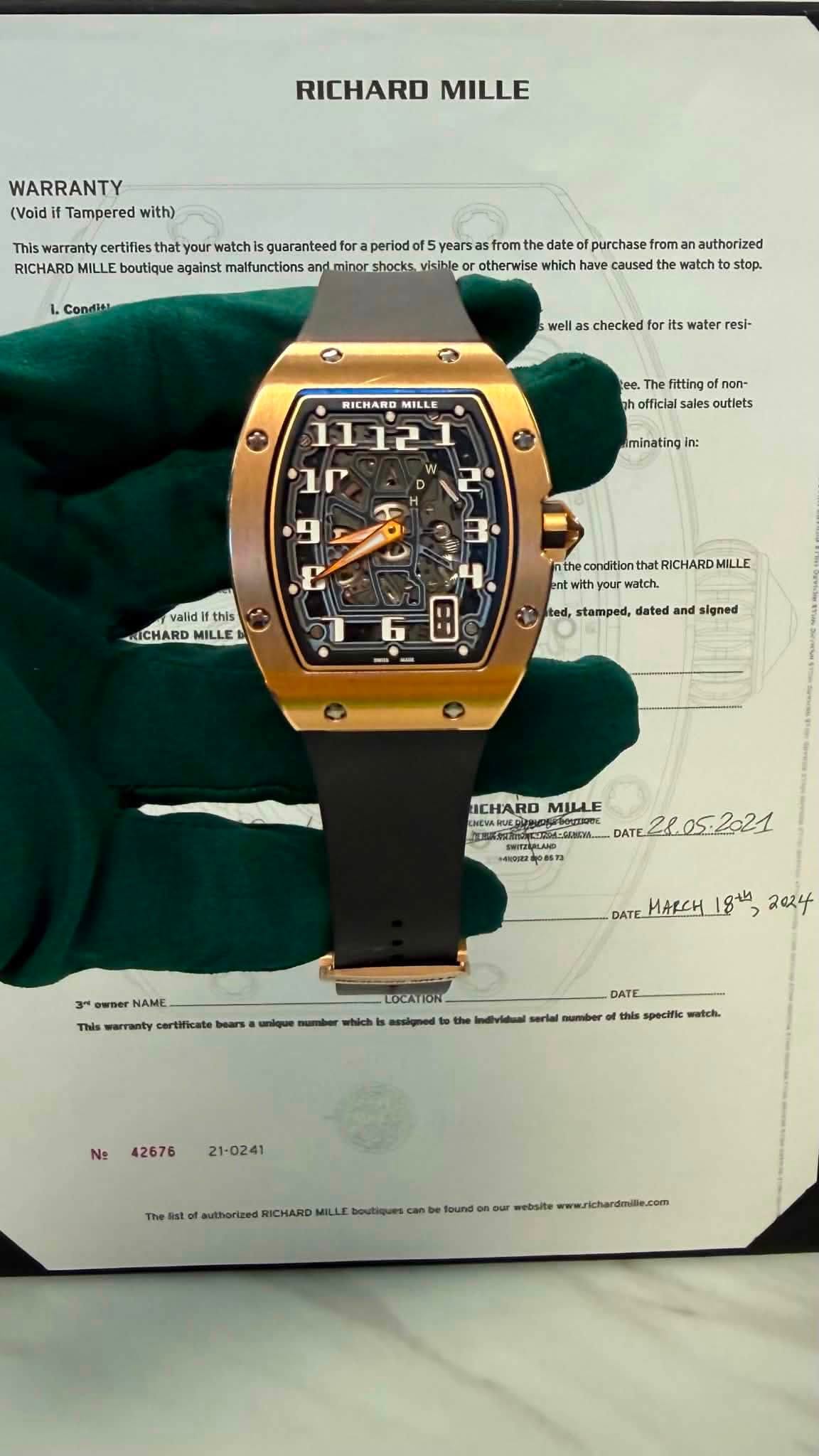 May be an image of wrist watch and text that says 'RICHARD MILLE WARRANTY (Void Tampered with) This warranty certifies that your watch guaranteed for period of5years date purchase…