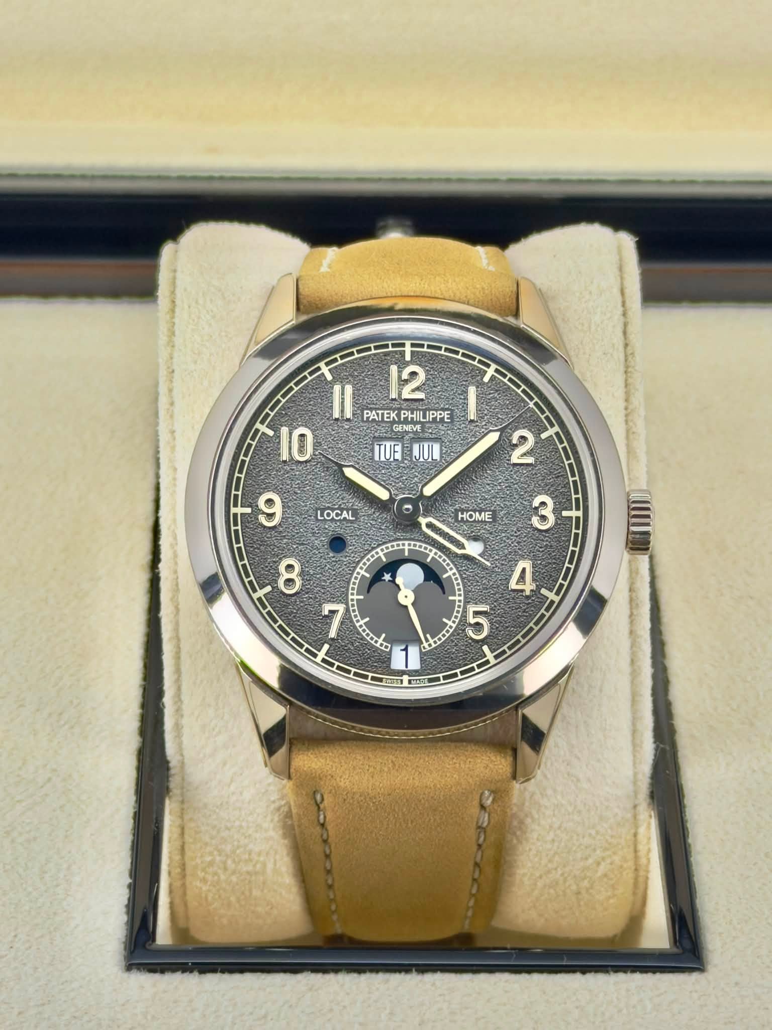 May be an image of wrist watch and text that says '12 PATEK PHILIPPI LIPPE GENEVE TUE 0 2 LOCAL 9 HOME 3 8 ማ R ማ 4 5 KK tnno d 오스T ST 方で'
