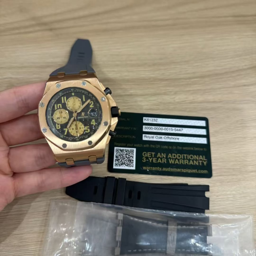 May be an image of wrist watch and text that says '6 ل ก 참기 タ EP 100 A K 2 10 4. + K51232 Royal Oak Oftshore'
