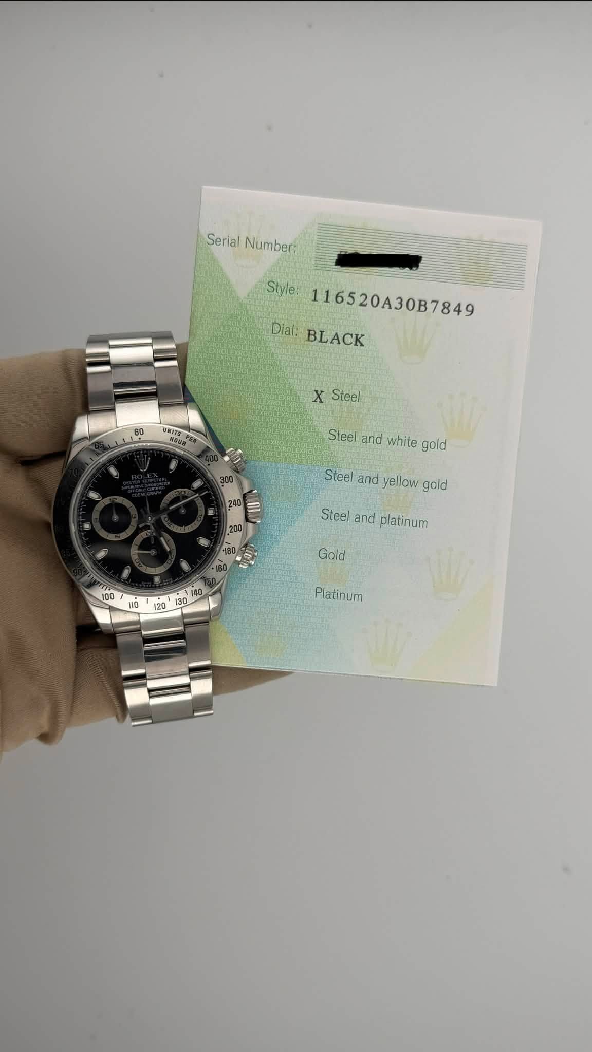 May be an image of wrist watch and text that says 'Serial SerialNumberi Number: Style: 116520A30B7849 Dial: BLACK 60 x Steel WRITE Steel and white gold Steel and yellow gold Steel…